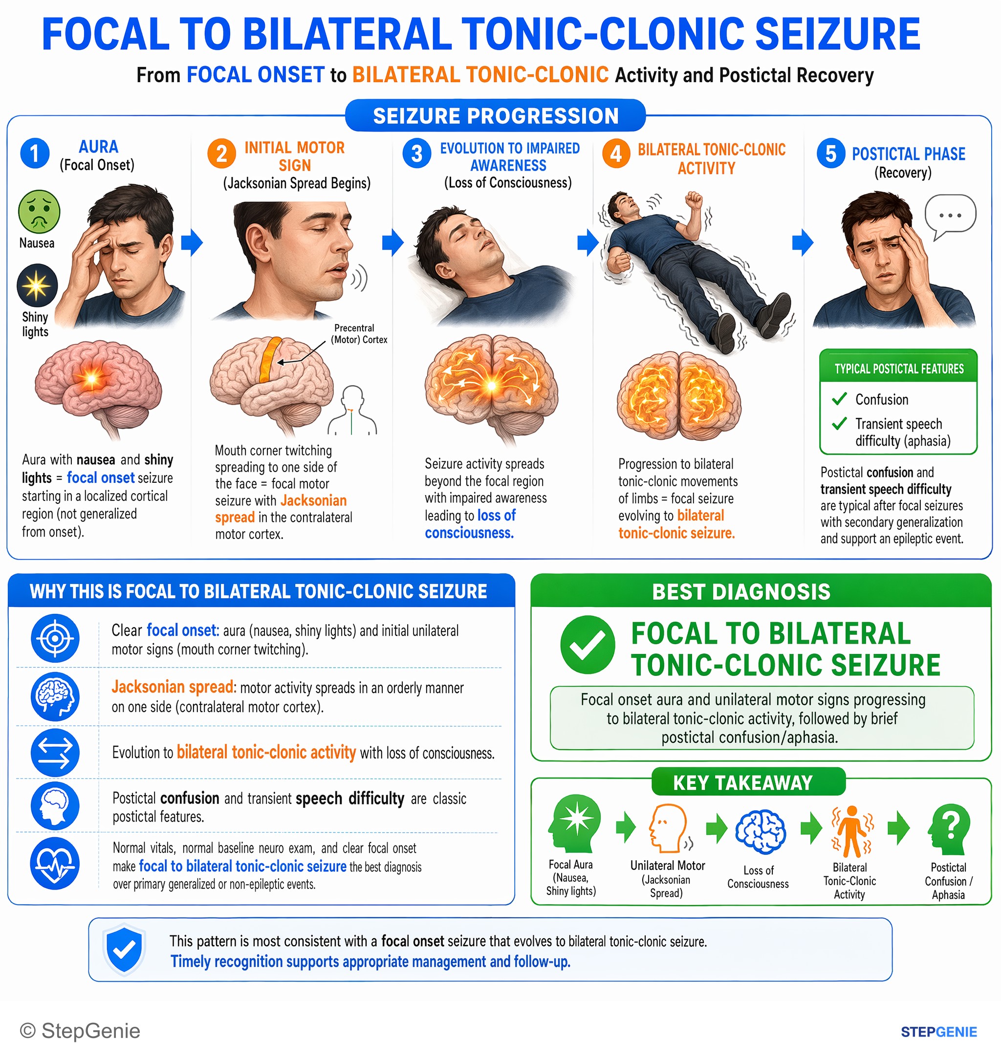 Seizures and epilepsy — StepGenie USMLE Step 2 explanation infographic