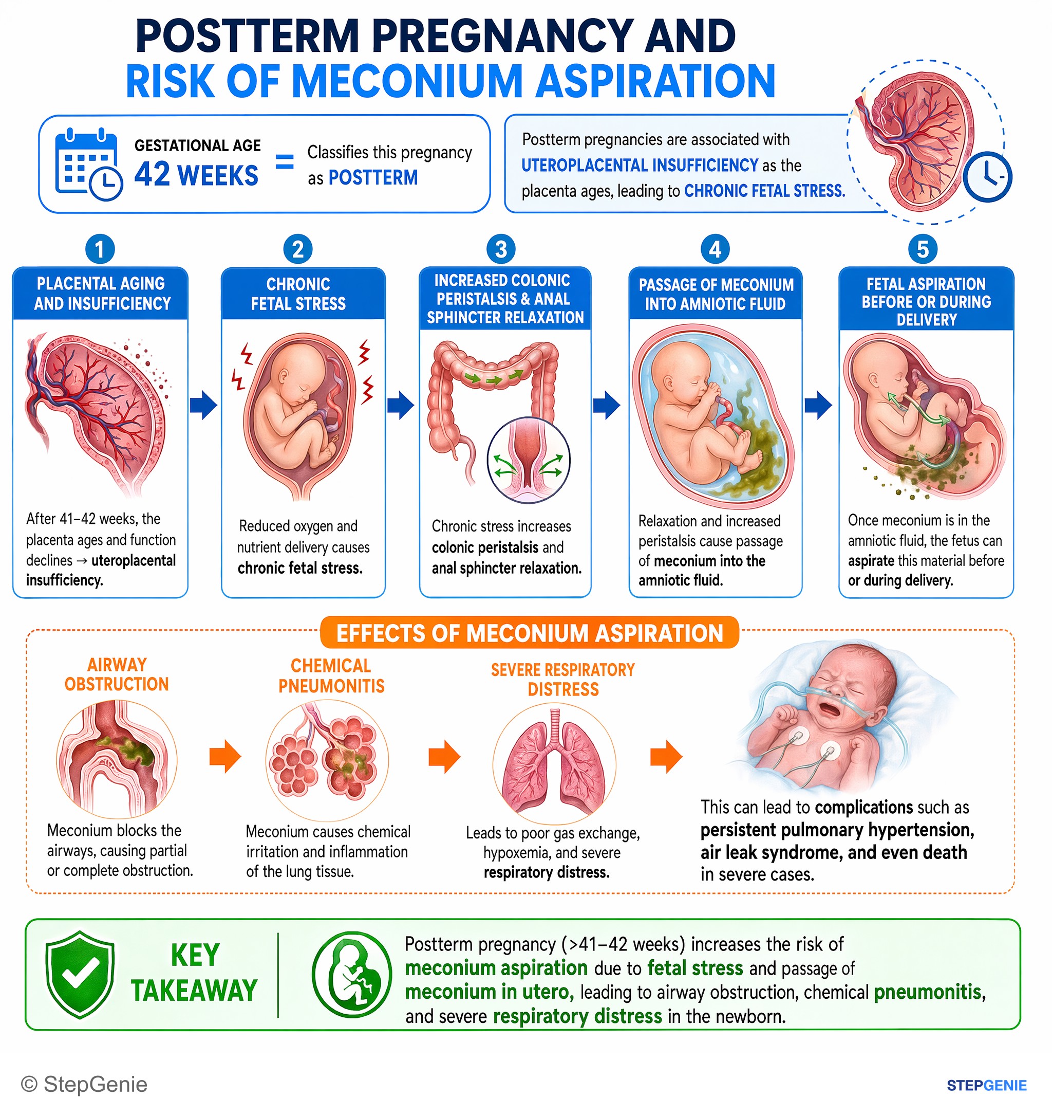 Step-by-step reasoning infographic: Postterm pregnancy (>41–42 weeks) increases risk of meconium aspiration due to fetal stress and passage of meconium in utero.
