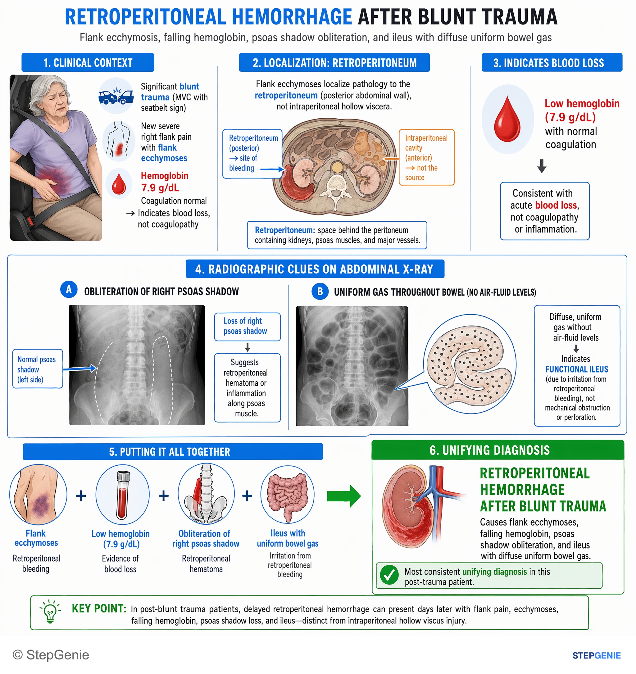 Step-by-step reasoning infographic: Retroperitoneal hemorrhage after blunt trauma causes flank ecchymoses, falling hemoglobin, psoas shadow obliteration, and ileus with diffuse uniform…
