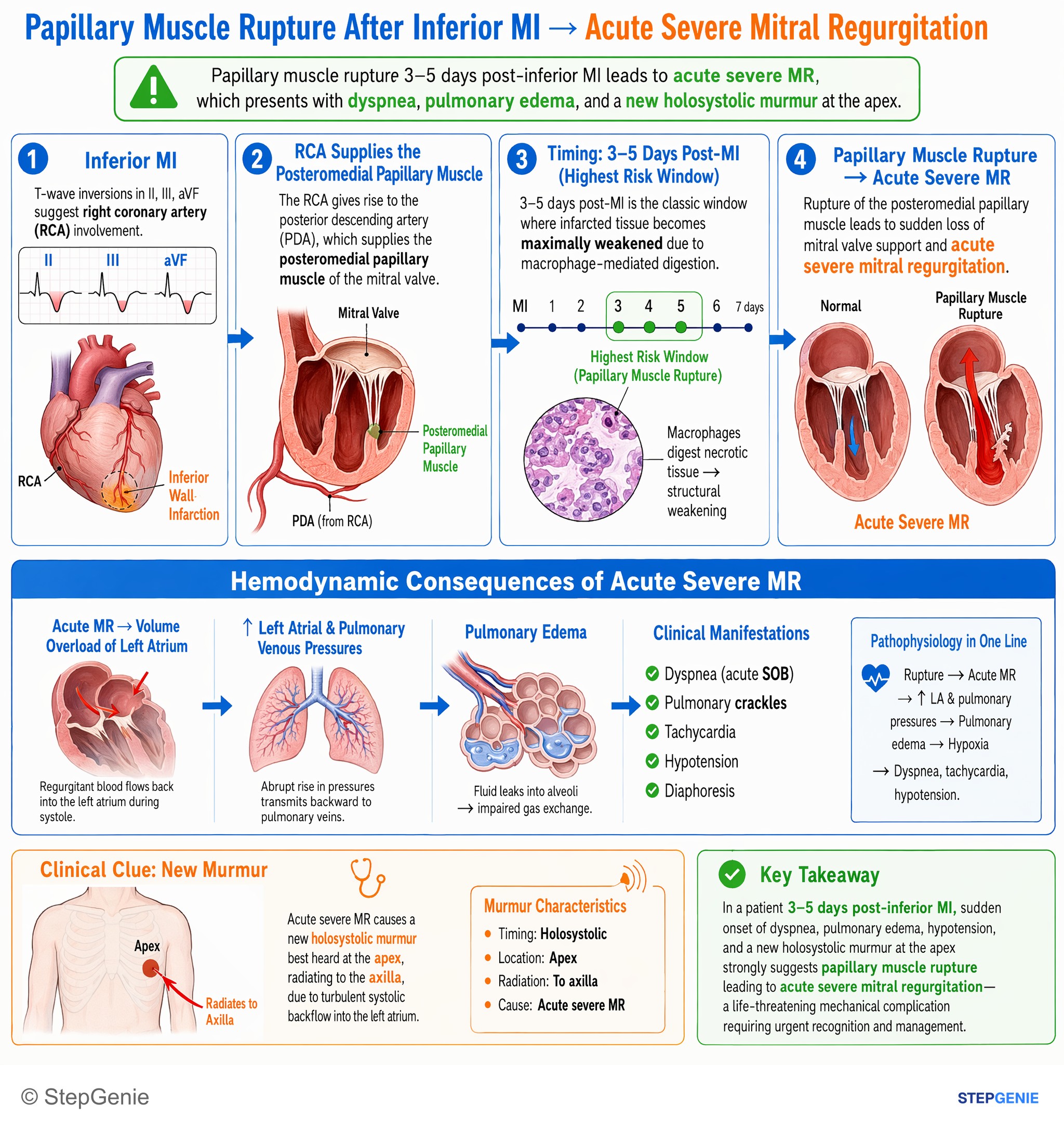 Step-by-step reasoning infographic: Papillary muscle rupture 3–5 days post-inferior MI → acute severe MR → dyspnea, pulmonary edema, new holosystolic murmur at apex.