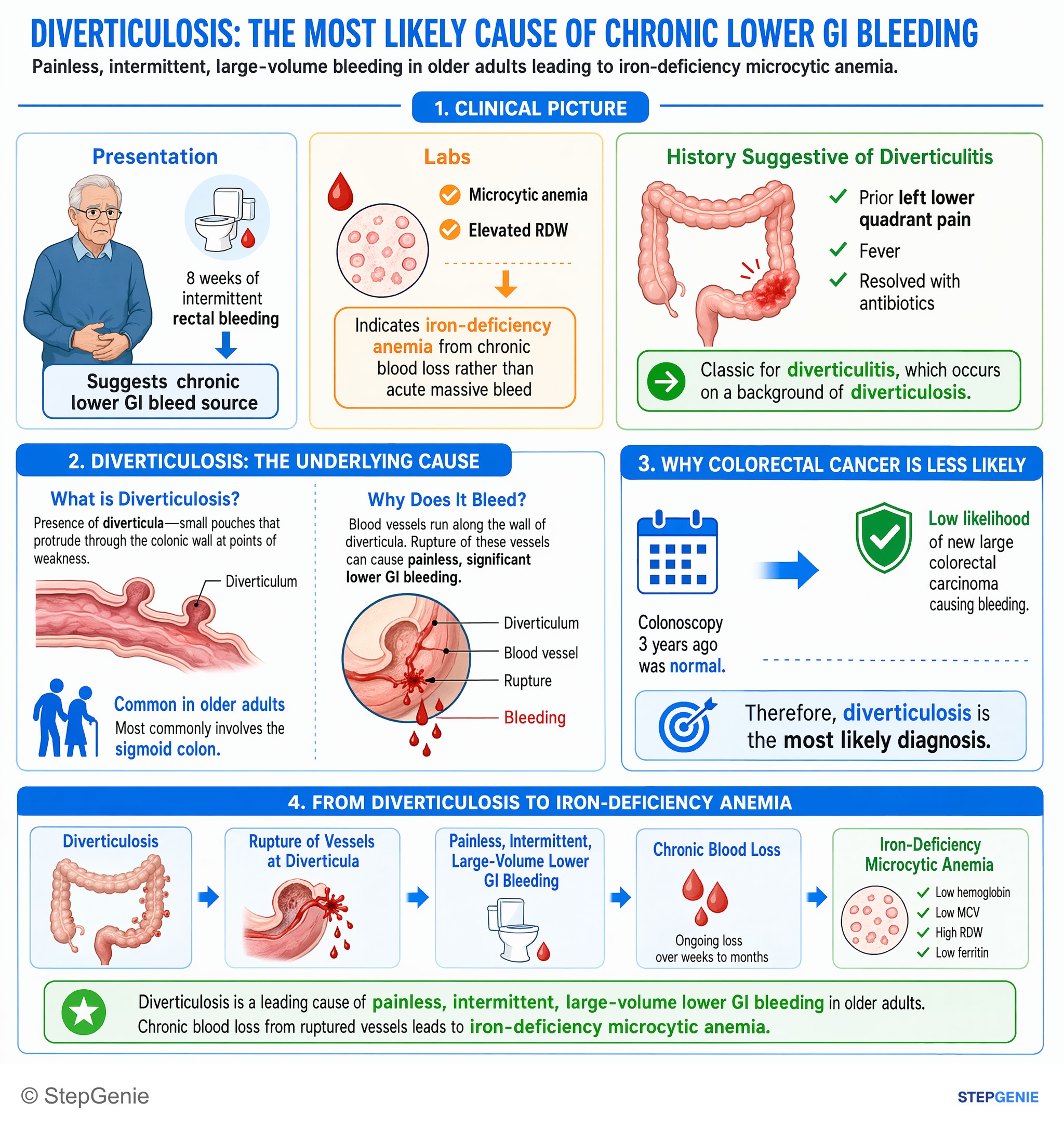 Intestinal and colorectal disorders — StepGenie USMLE Step 2 explanation infographic