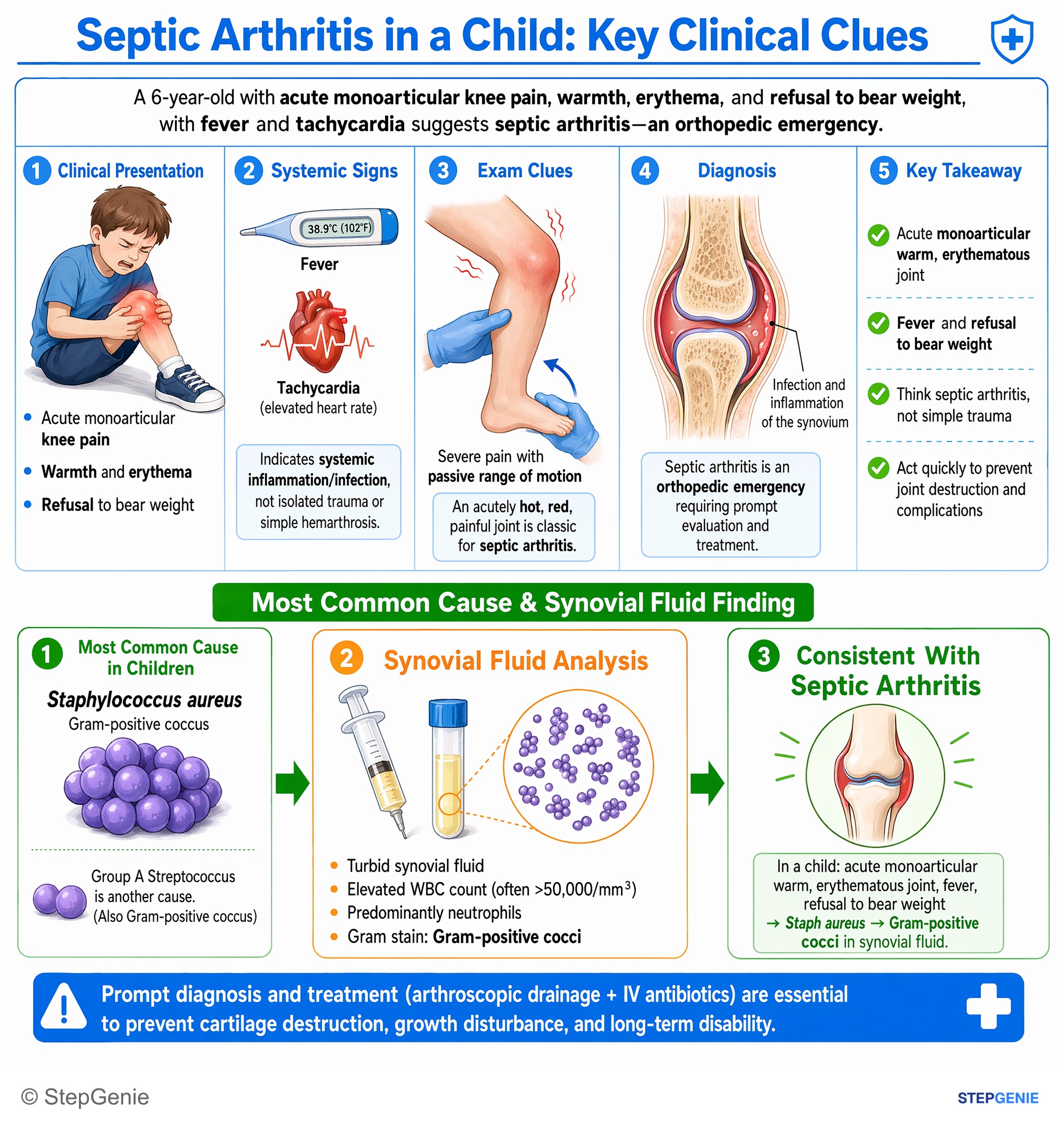 Bone, joint, and soft tissue injuries and infections — StepGenie USMLE Step 2 explanation infographic