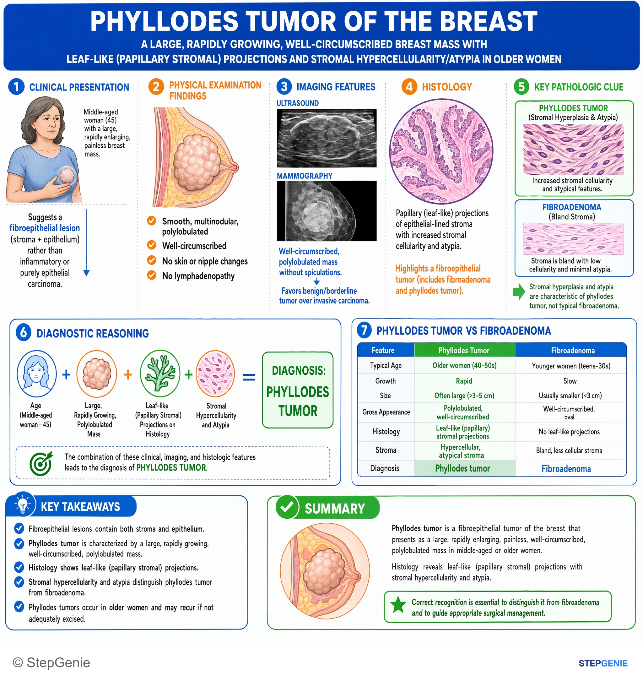 Step-by-step reasoning infographic: Phyllodes tumor – large, rapidly growing, well-circumscribed breast mass with leaf-like (papillary stromal) projections and stromal…