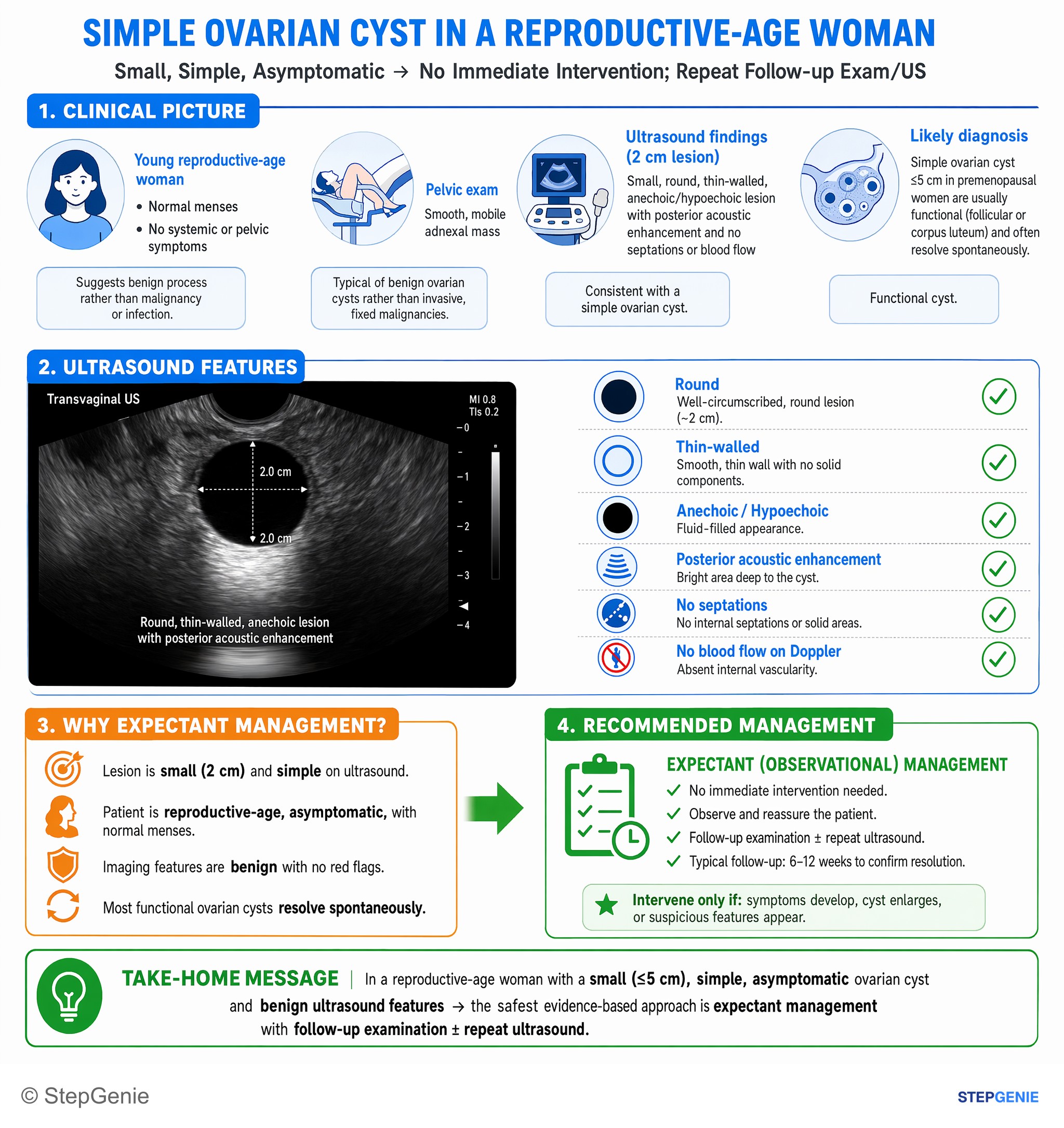 Step-by-step reasoning infographic: Functional ovarian cyst in a reproductive-age woman: small, simple, asymptomatic, benign-appearing on ultrasound → no immediate intervention; repeat…