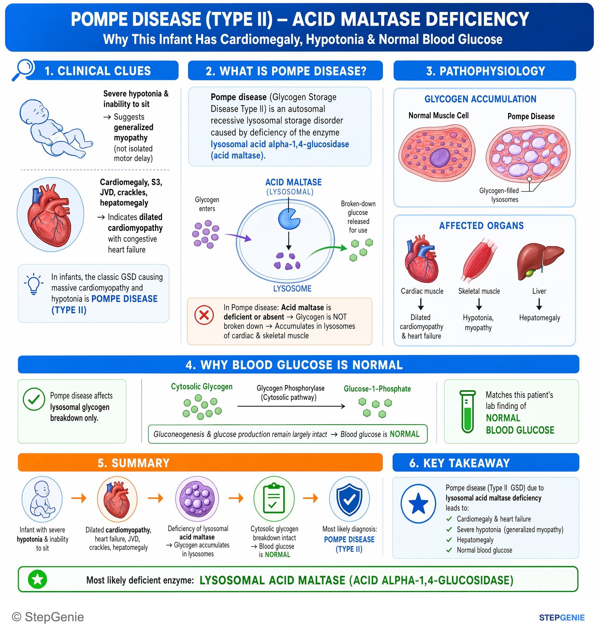 Glycogen storage diseases — StepGenie USMLE Step 1 explanation infographic