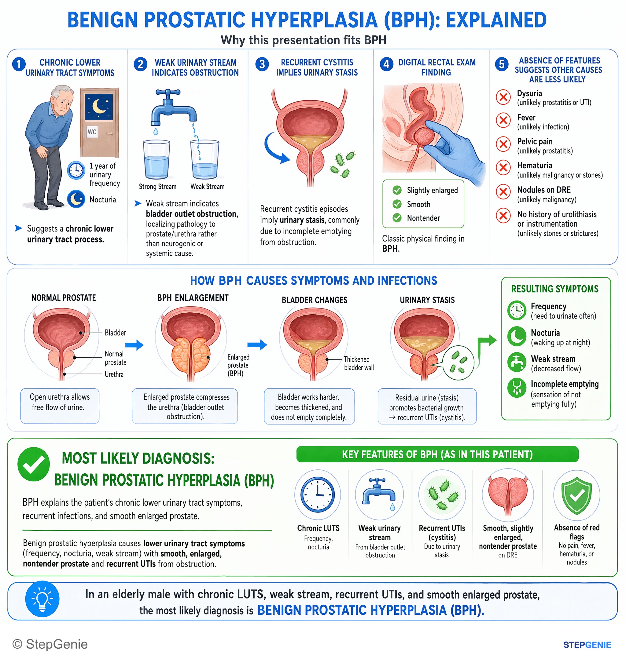 Nephrolithiasis, hematuria, and urinary tract obstruction — StepGenie USMLE Step 2 explanation infographic