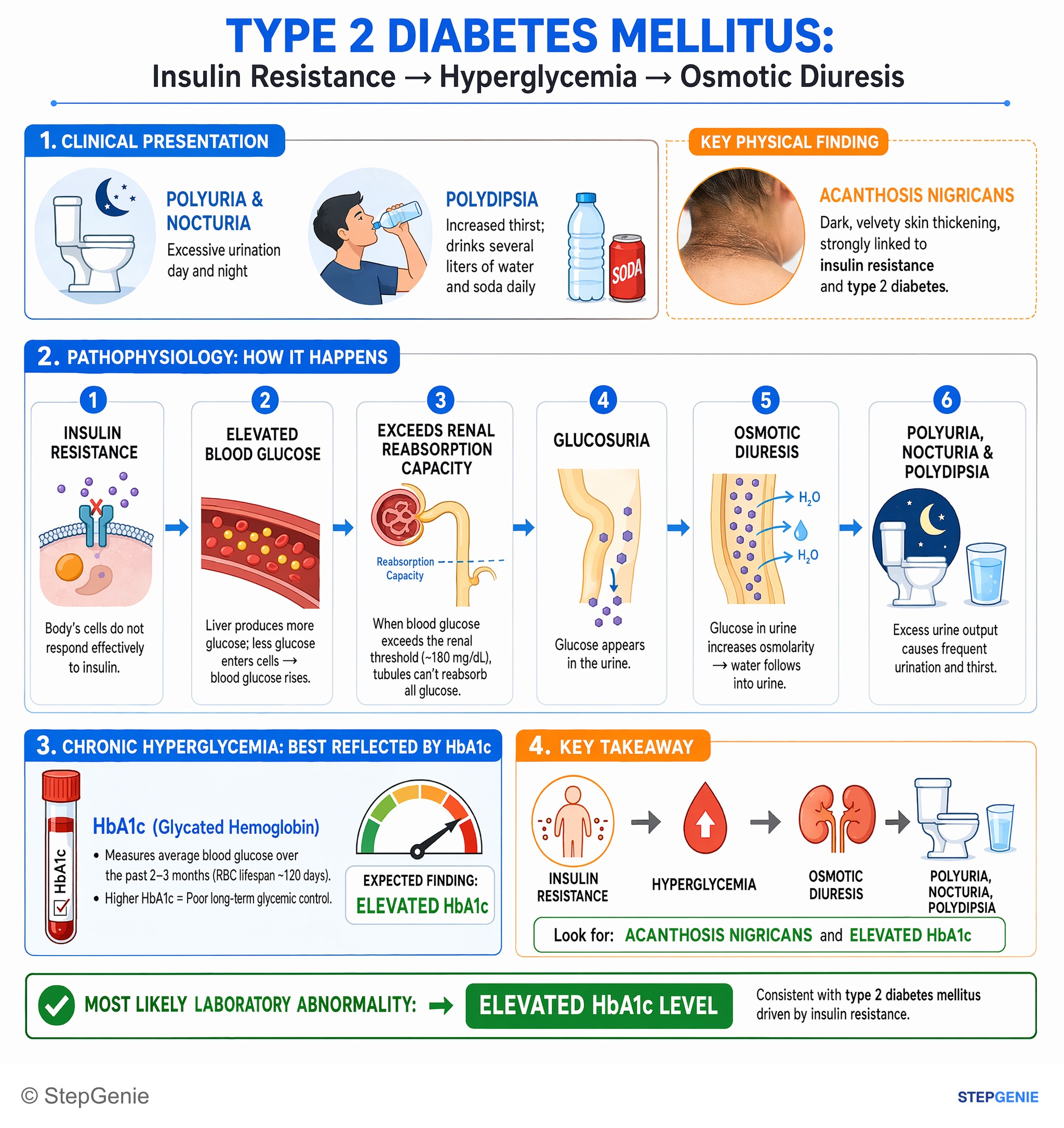 Step-by-step reasoning infographic: Type 2 diabetes mellitus from insulin resistance causes hyperglycemia → osmotic diuresis with polyuria/polydipsia and acanthosis nigricans; expect…