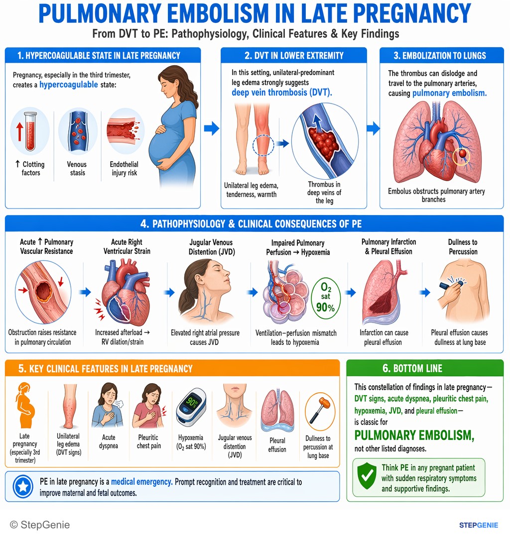 Step-by-step reasoning infographic: Pulmonary embolism in late pregnancy: acute dyspnea, pleuritic chest pain, hypoxemia, JVD, unilateral leg edema, pleural effusion (dullness to…