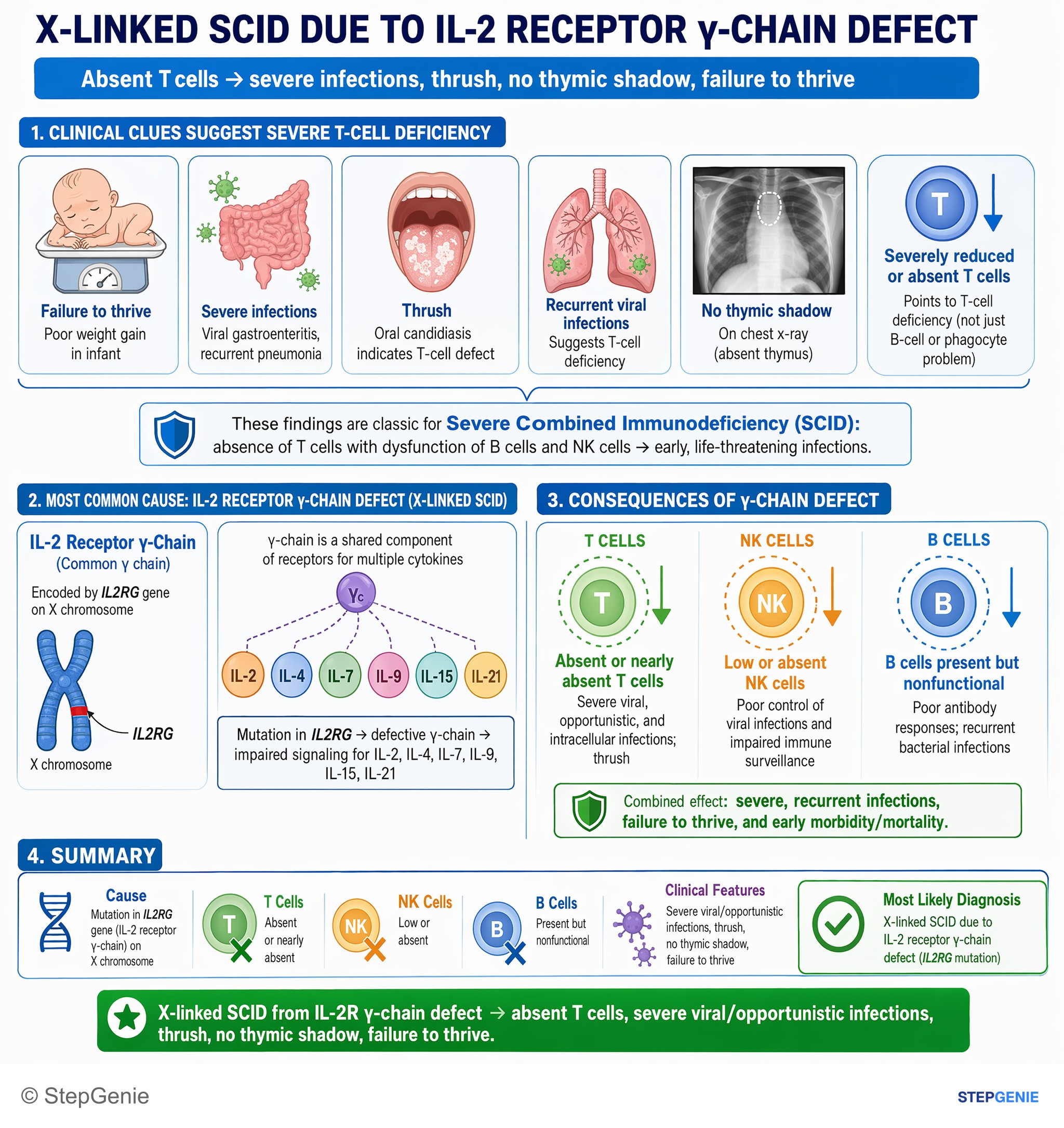 Immunodeficiency syndromes — StepGenie USMLE Step 1 explanation infographic