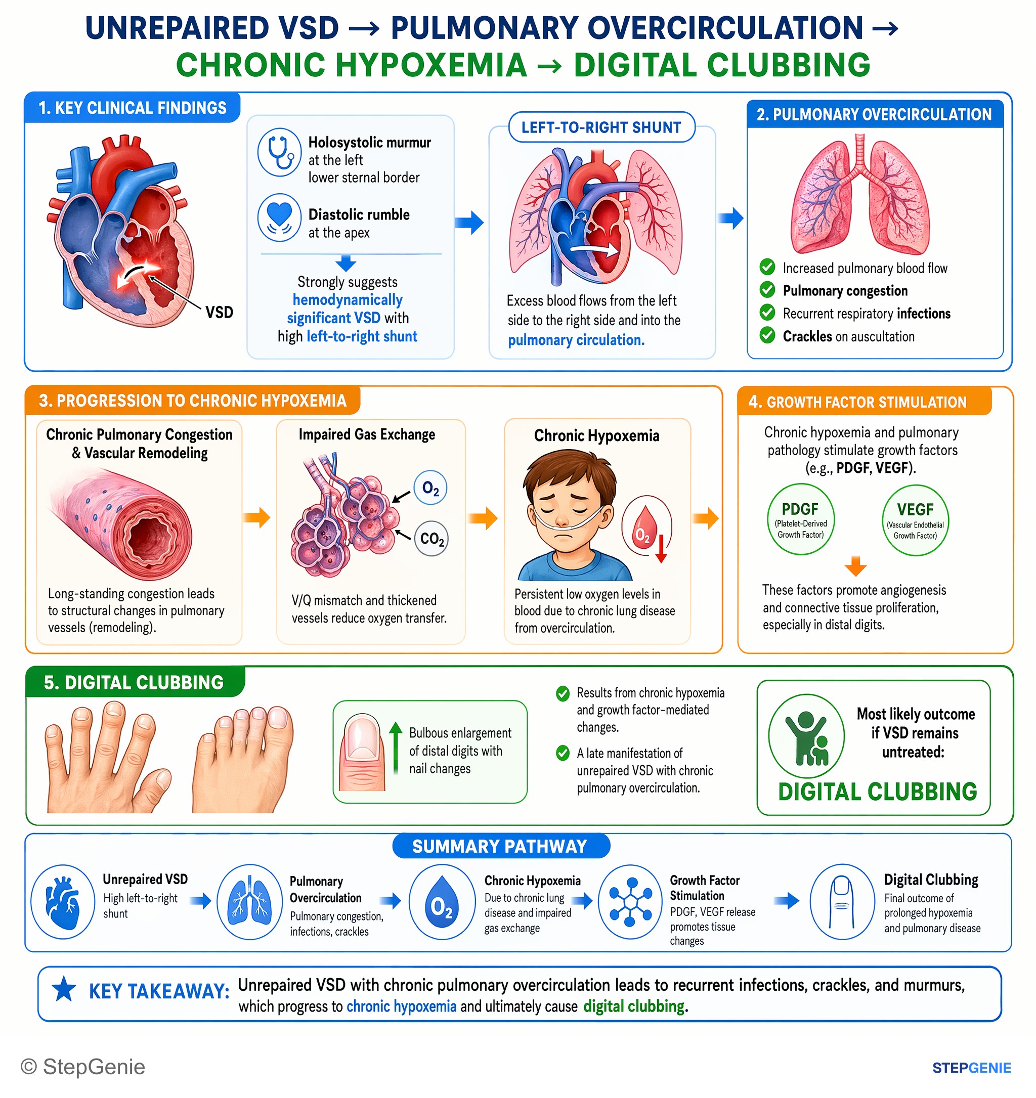 Step-by-step reasoning infographic: Unrepaired VSD with chronic pulmonary overcirculation → recurrent infections + crackles + murmurs → chronic hypoxemia → digital clubbing.