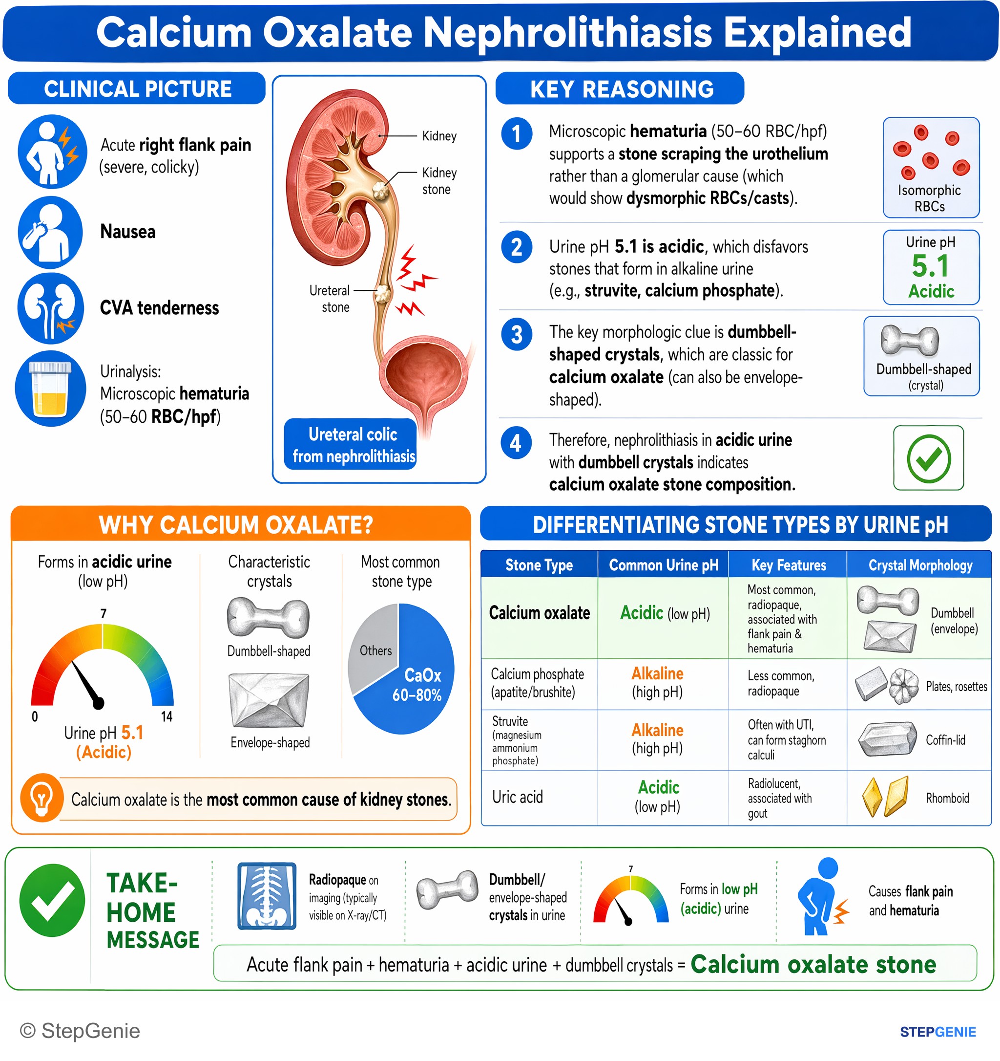 Nephrolithiasis and urinary tract obstruction — StepGenie USMLE Step 1 explanation infographic