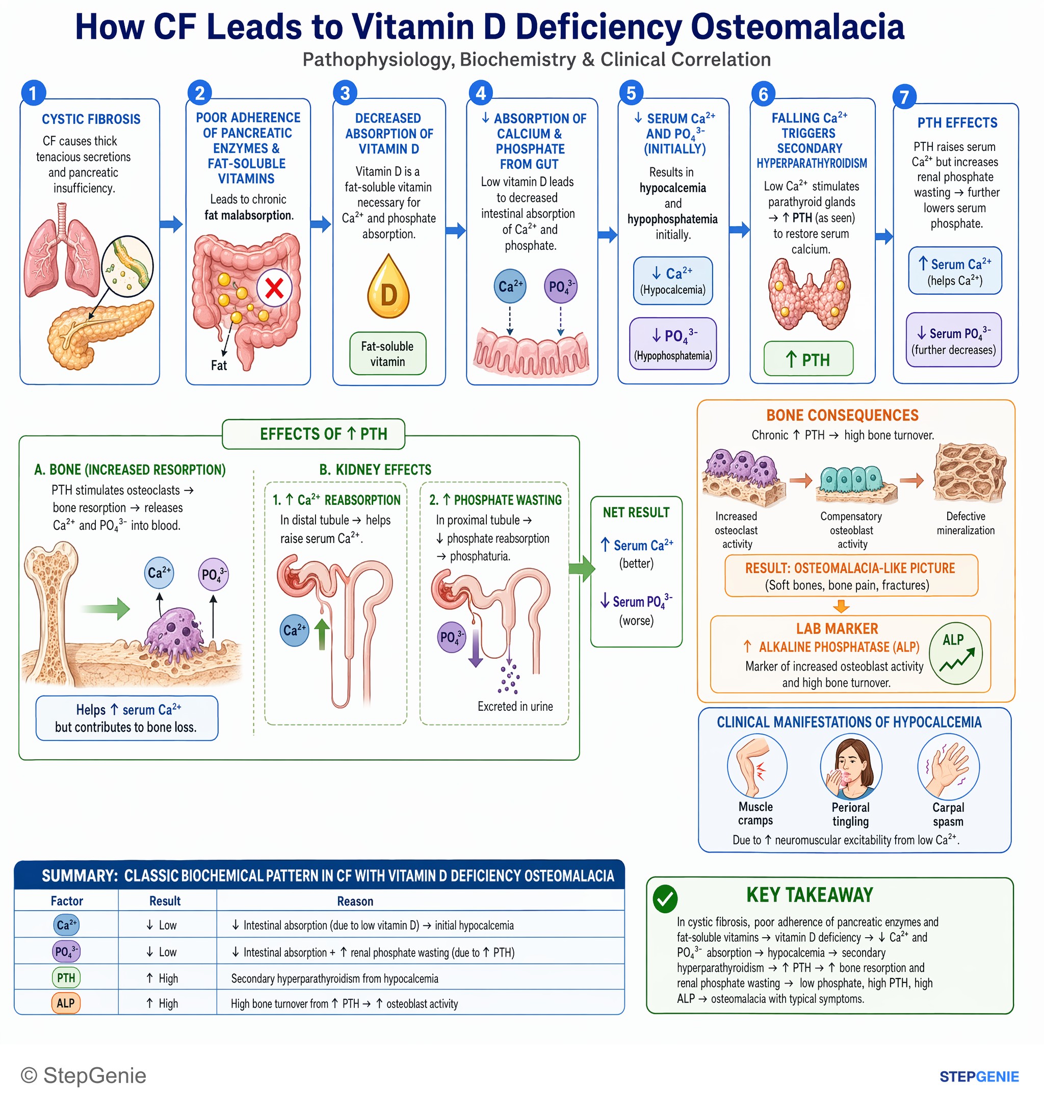 PTH, Ca, PO4, ALP, Vit D stuff — StepGenie USMLE Step 1 explanation infographic
