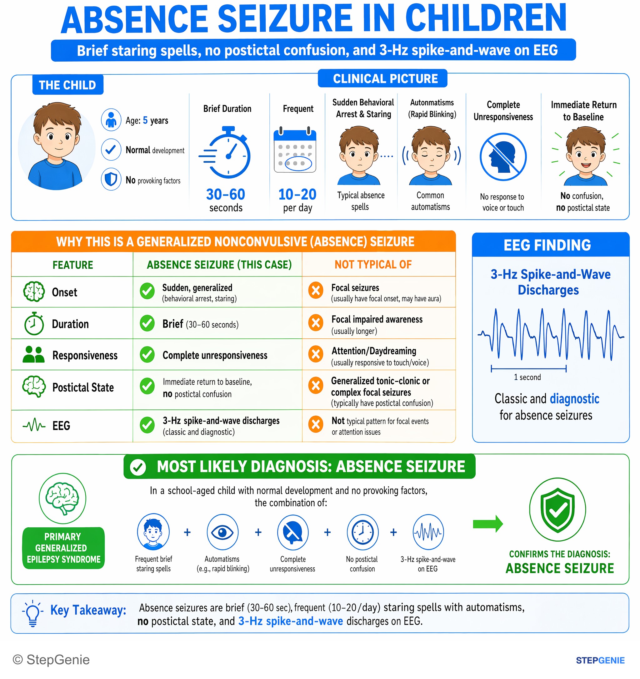 Seizures and epilepsy — StepGenie USMLE Step 2 explanation infographic