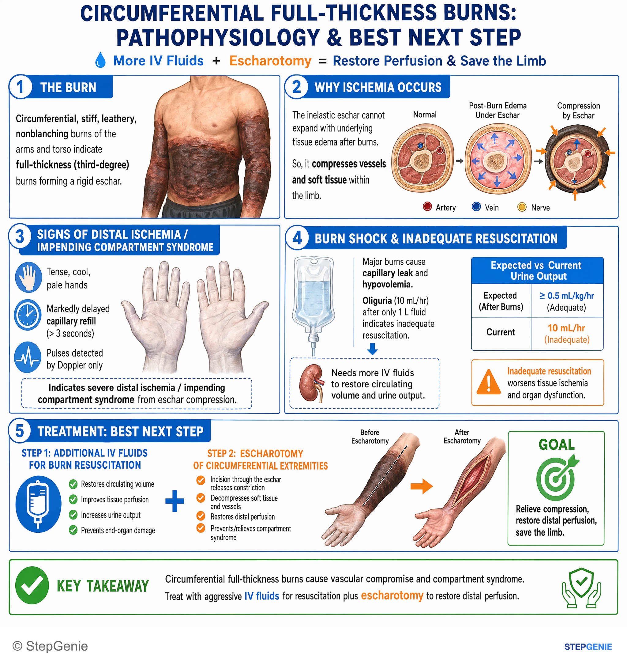 Step-by-step reasoning infographic: Circumferential full-thickness burns cause vascular compromise and compartment syndrome; treat with aggressive IV fluids plus escharotomy to restore…