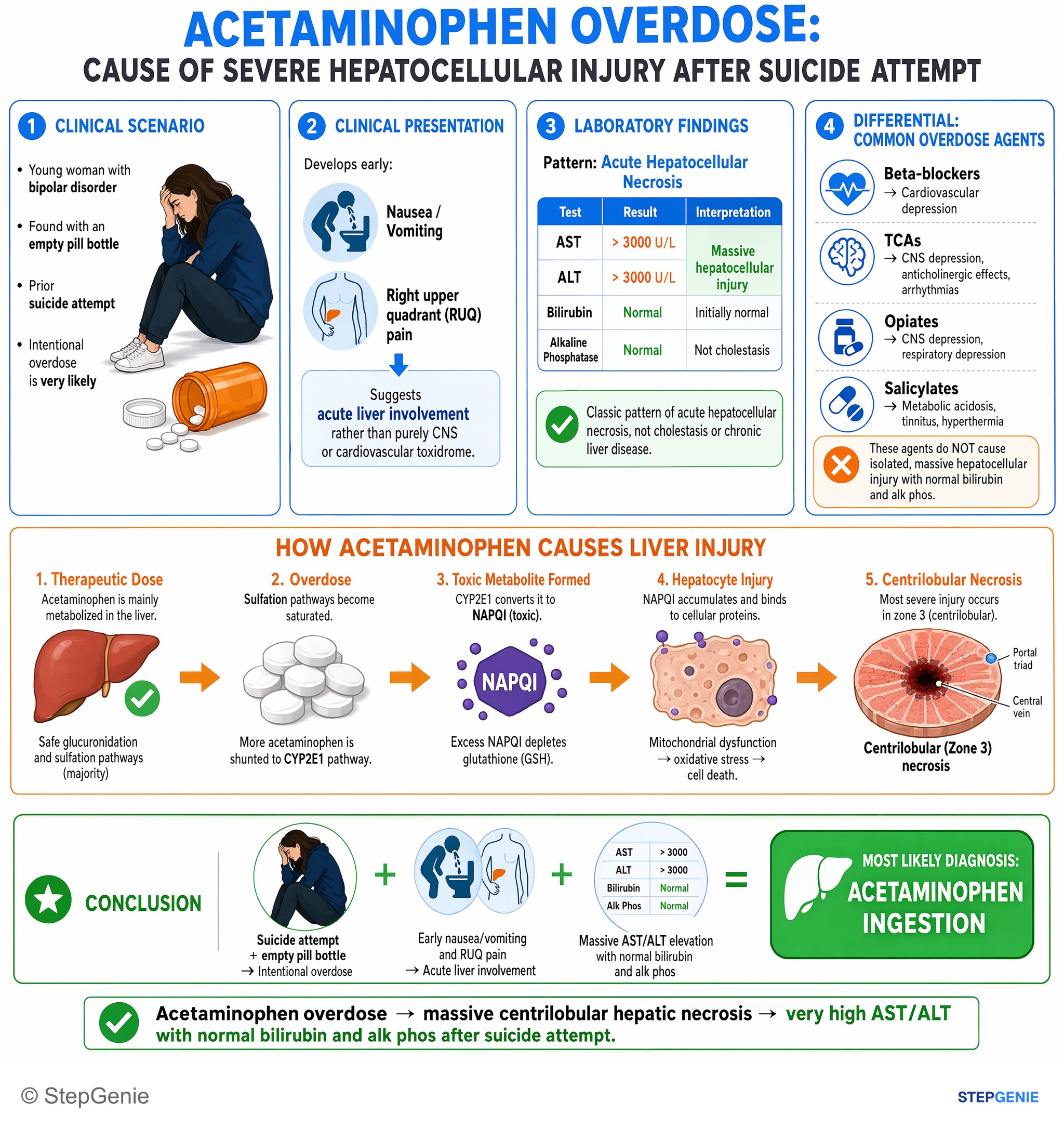Hepatic disorders — StepGenie USMLE Step 2 explanation infographic