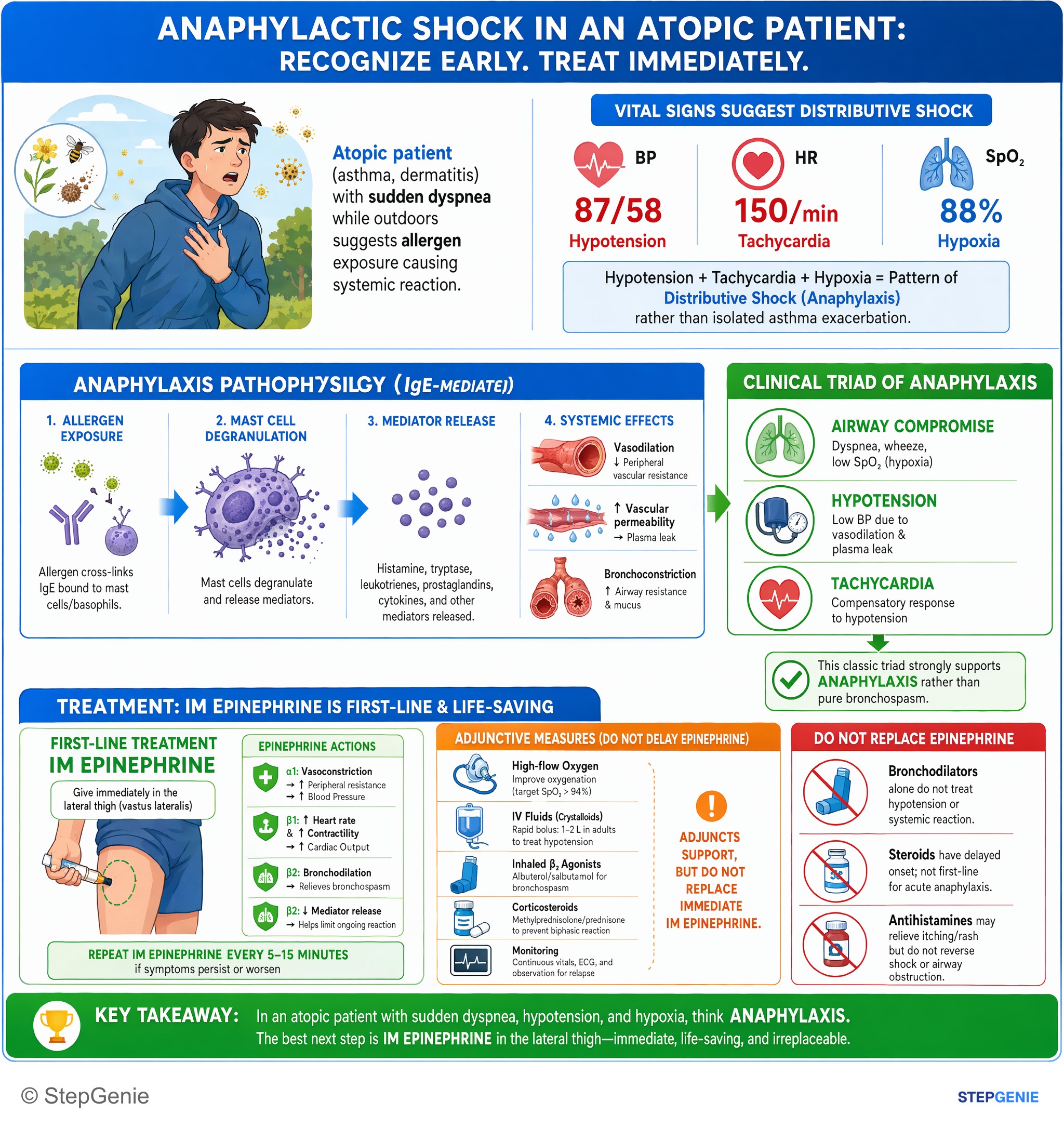 Step-by-step reasoning infographic: Anaphylactic shock in an asthmatic with hypotension and hypoxia requires immediate IM epinephrine as first-line, life-saving treatment.