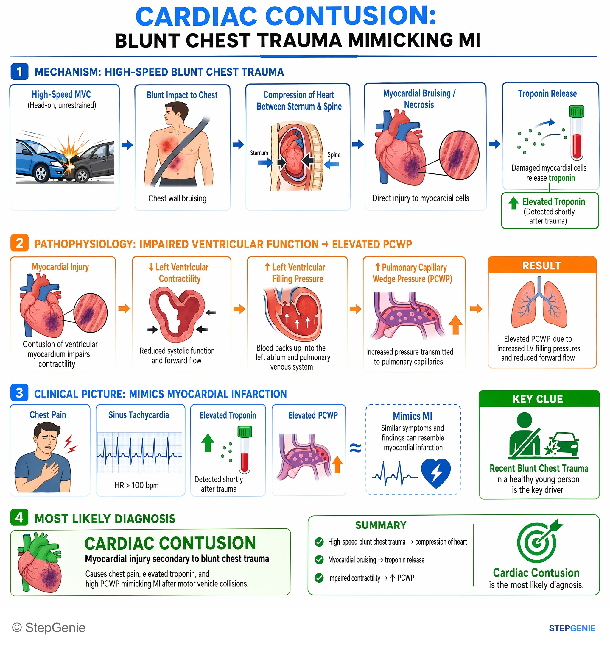 Myopericardial diseases — StepGenie USMLE Step 2 explanation infographic
