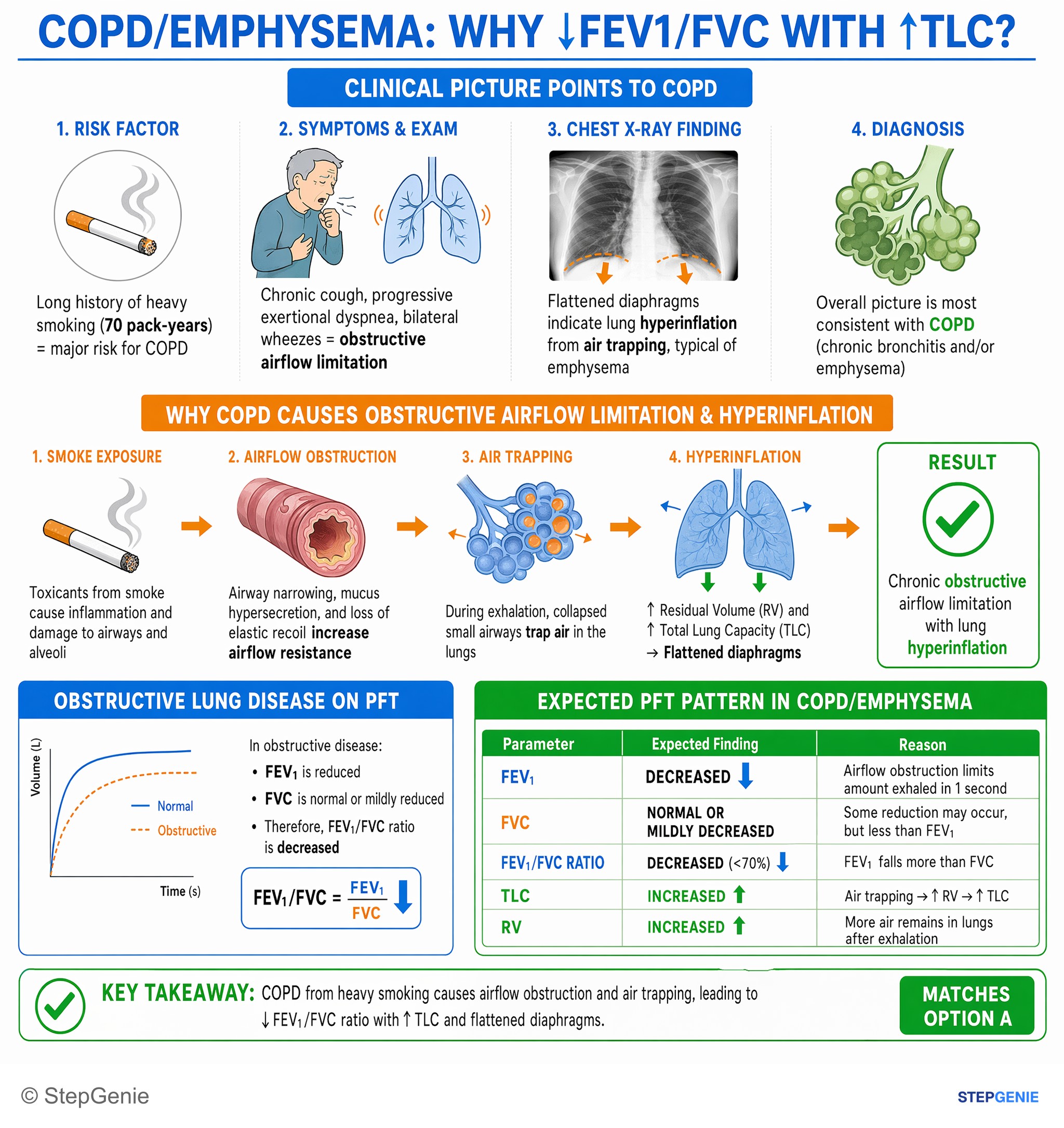 Obstructive lung disease — StepGenie USMLE Step 1 explanation infographic
