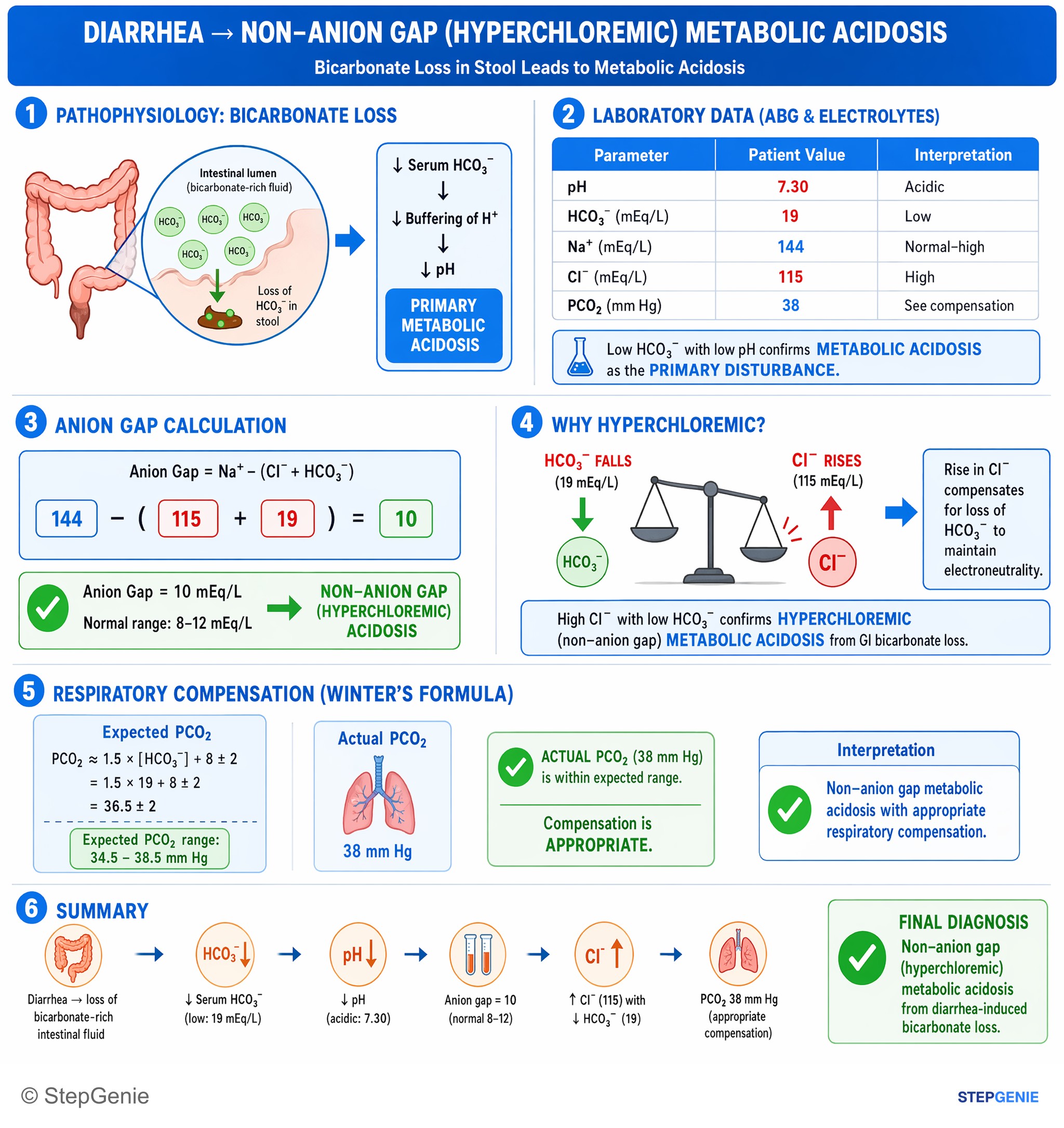Acid/base disorders — StepGenie USMLE Step 1 explanation infographic
