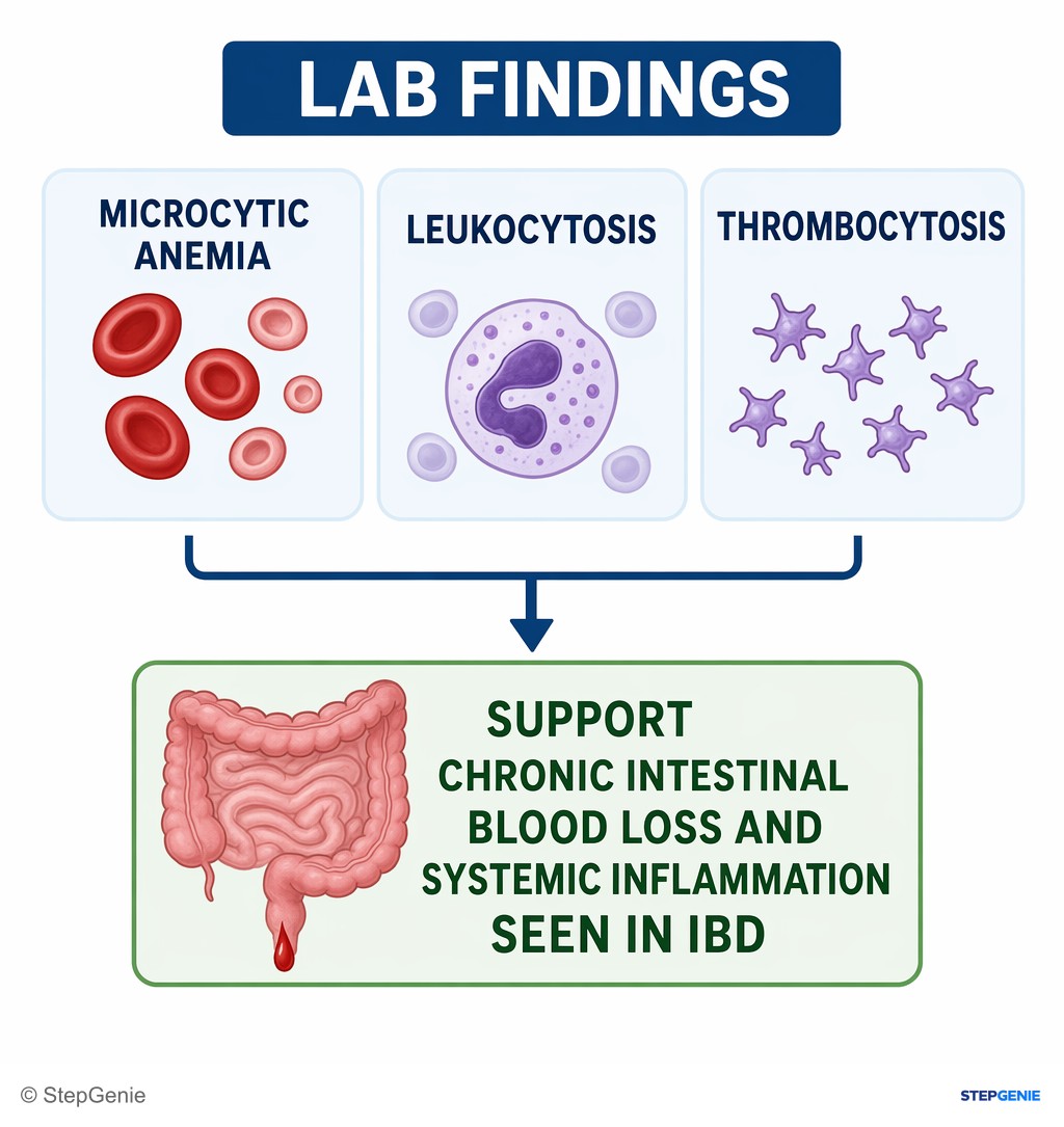 Reasoning step 3: Lab findings (microcytic anemia, leukocytosis, thrombocytosis) support chronic intestinal blood loss and systemic inflammation seen in IBD.