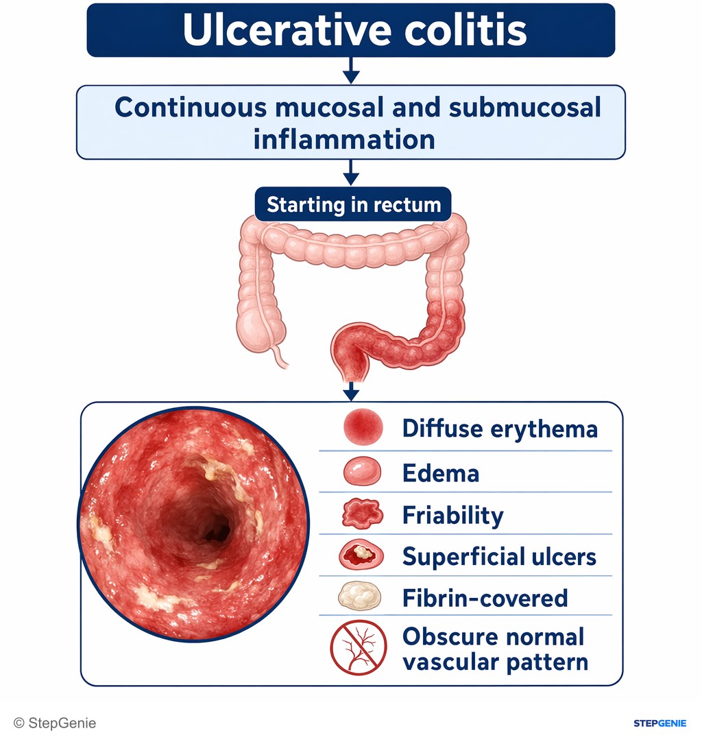 Reasoning step 5: Ulcerative colitis causes continuous mucosal and submucosal inflammation starting in rectum with diffuse erythema, edema, friability, and…