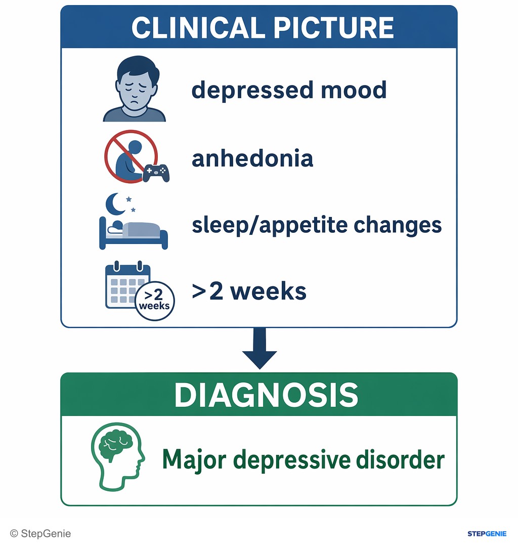 Reasoning step 1: Clinical picture (depressed mood, anhedonia, sleep/appetite changes, >2 weeks) → Major depressive disorder diagnosis.
