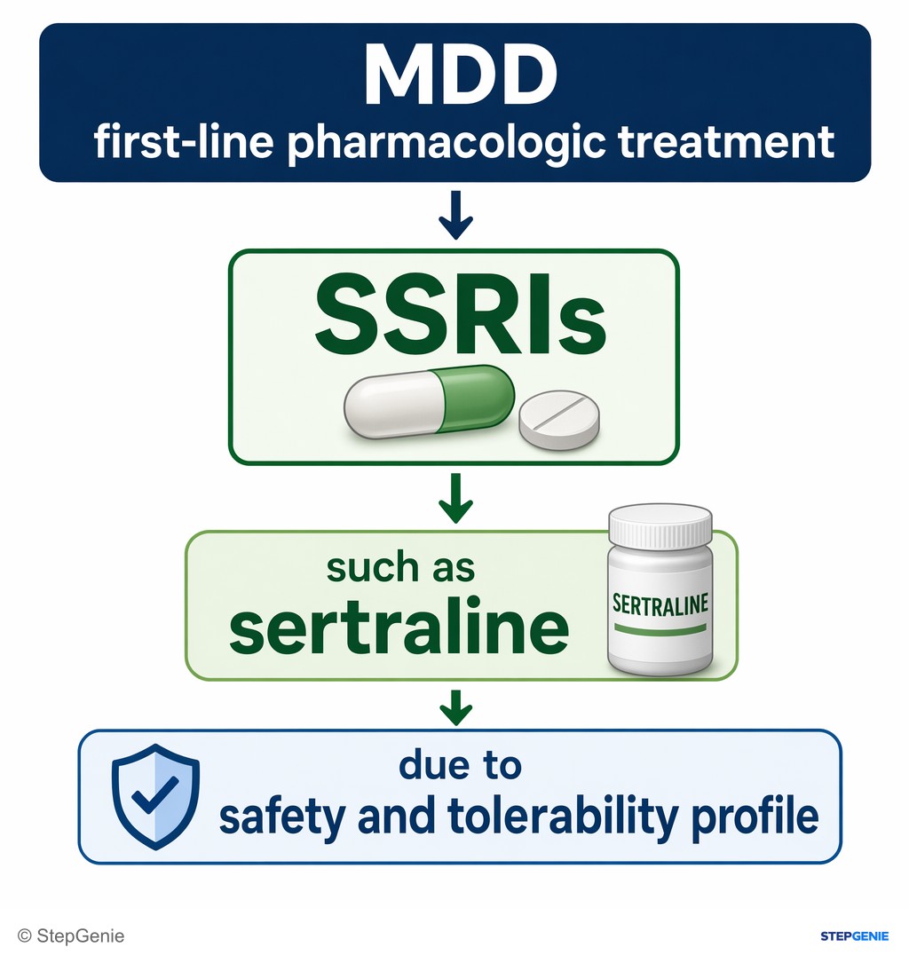 Reasoning step 2: MDD first-line pharmacologic treatment → SSRIs such as sertraline due to safety and tolerability profile.