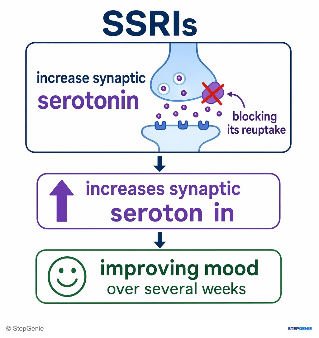 Reasoning step 3: SSRIs increase synaptic serotonin by blocking its reuptake, improving mood over several weeks.