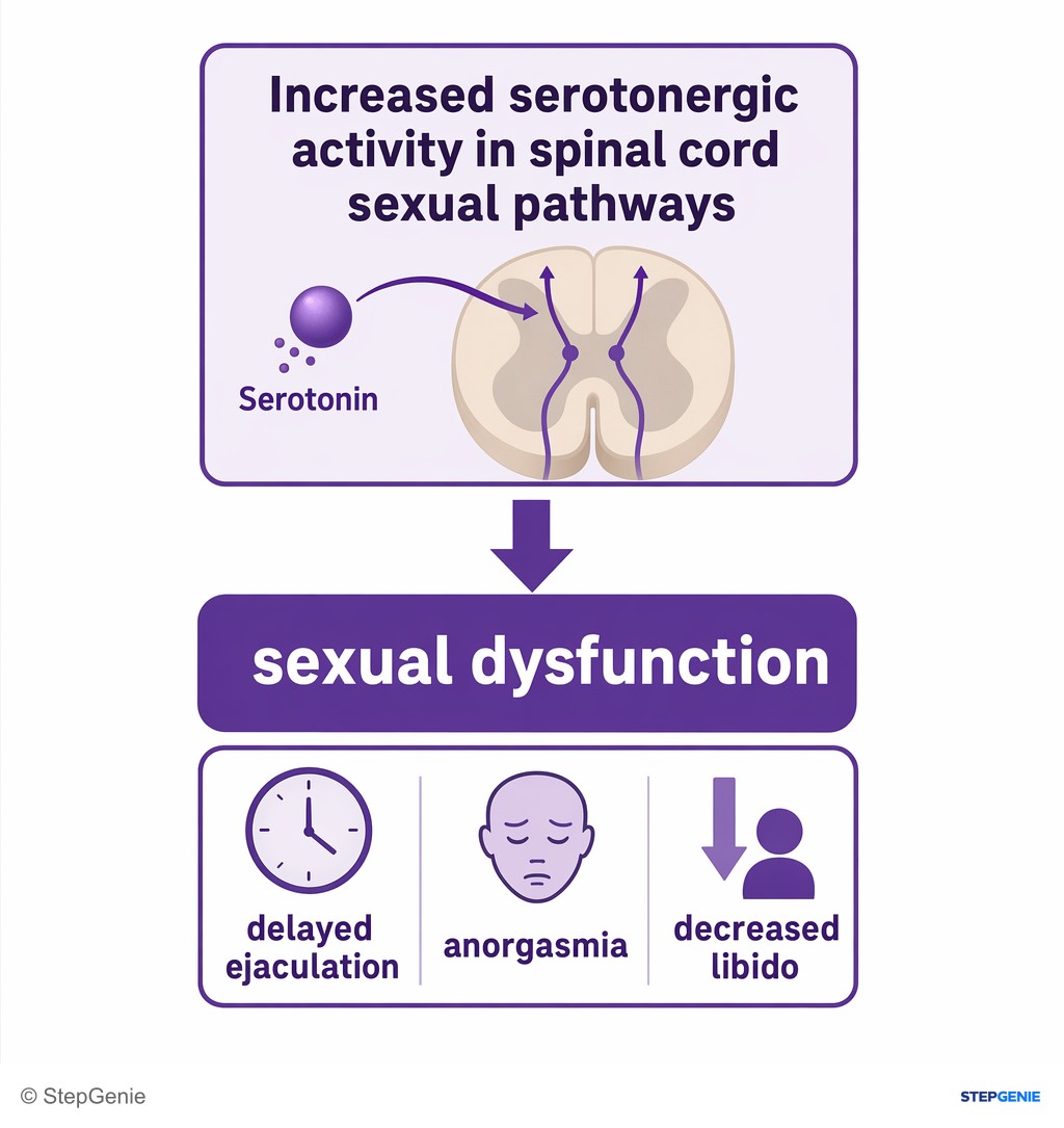 Reasoning step 4: Increased serotonergic activity in spinal cord sexual pathways frequently → sexual dysfunction (delayed ejaculation, anorgasmia, decreased libido).