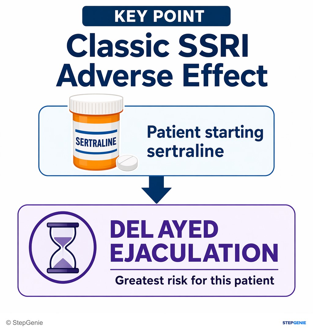 Reasoning step 5: Among given options, the classic SSRI adverse effect is delayed ejaculation, making this the greatest risk for this patient starting sertraline.