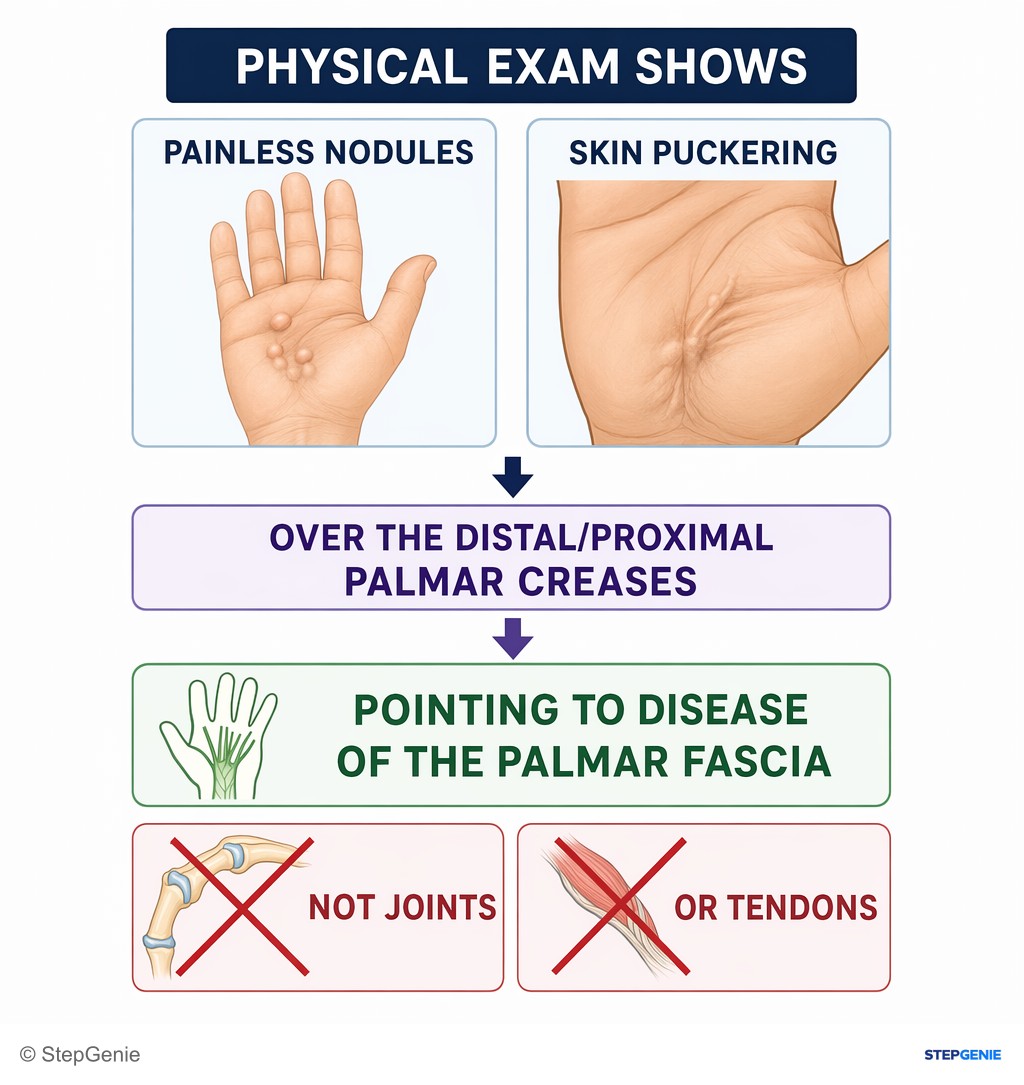 Reasoning step 2: Physical exam shows painless nodules and skin puckering over the distal/proximal palmar creases, pointing to disease of the palmar fascia, not…