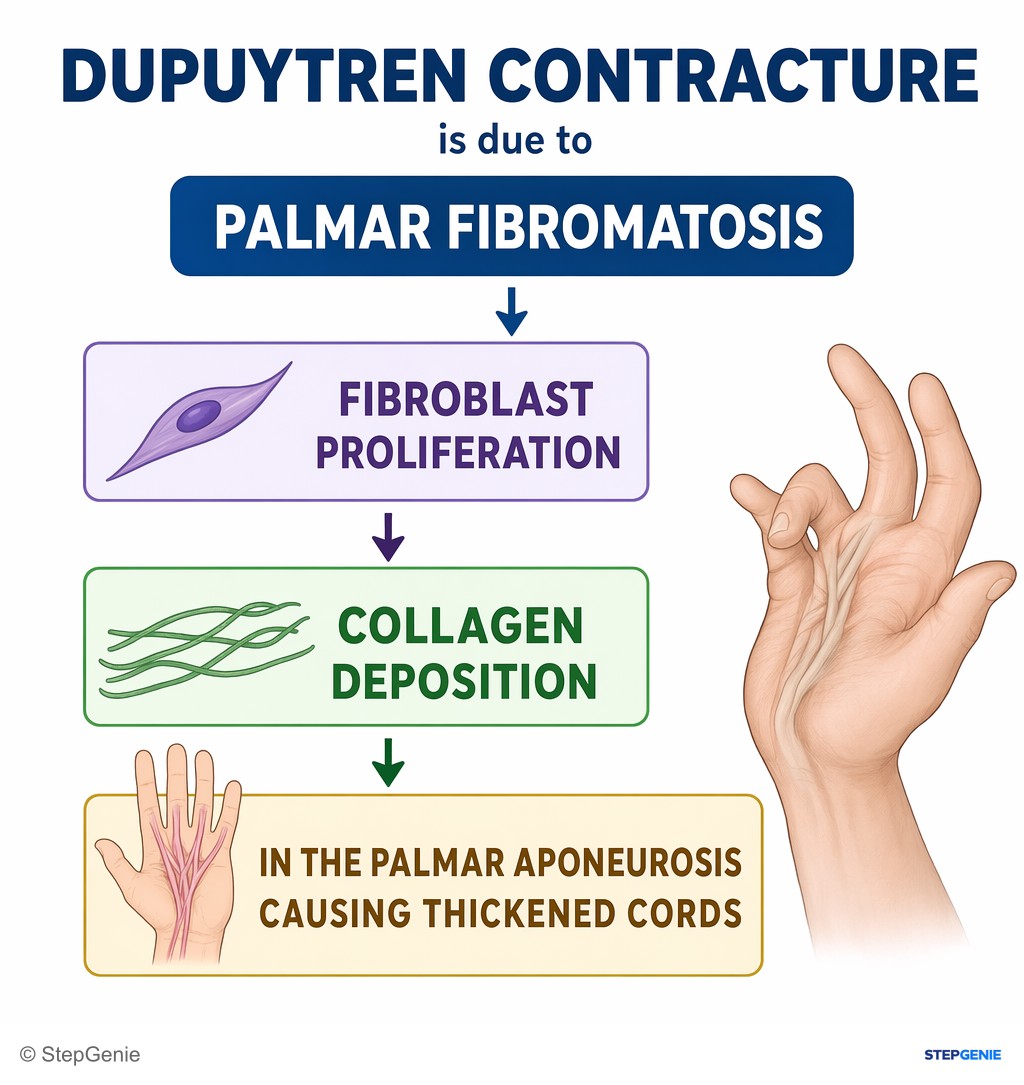 Reasoning step 3: Dupuytren contracture is due to palmar fibromatosis: fibroblast proliferation and collagen deposition in the palmar aponeurosis causing thickened…