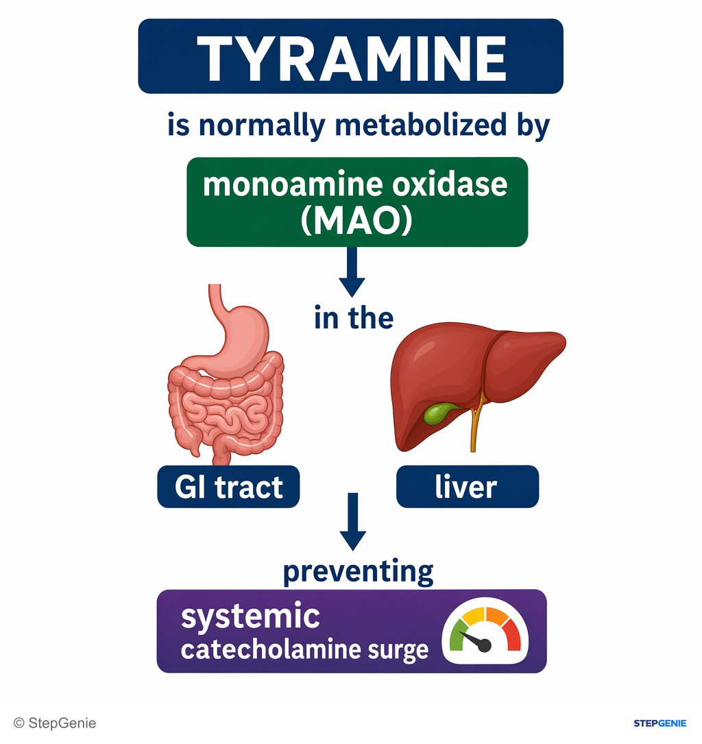 Reasoning step 2: Tyramine is normally metabolized by monoamine oxidase (MAO) in the GI tract and liver, preventing systemic catecholamine surge.