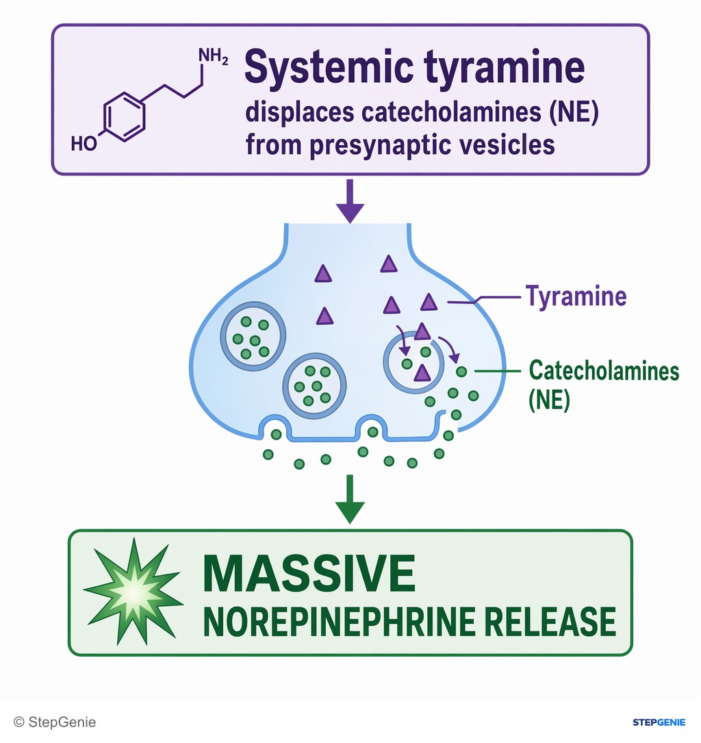Reasoning step 4: Systemic tyramine displaces catecholamines (NE) from presynaptic vesicles → massive norepinephrine release.