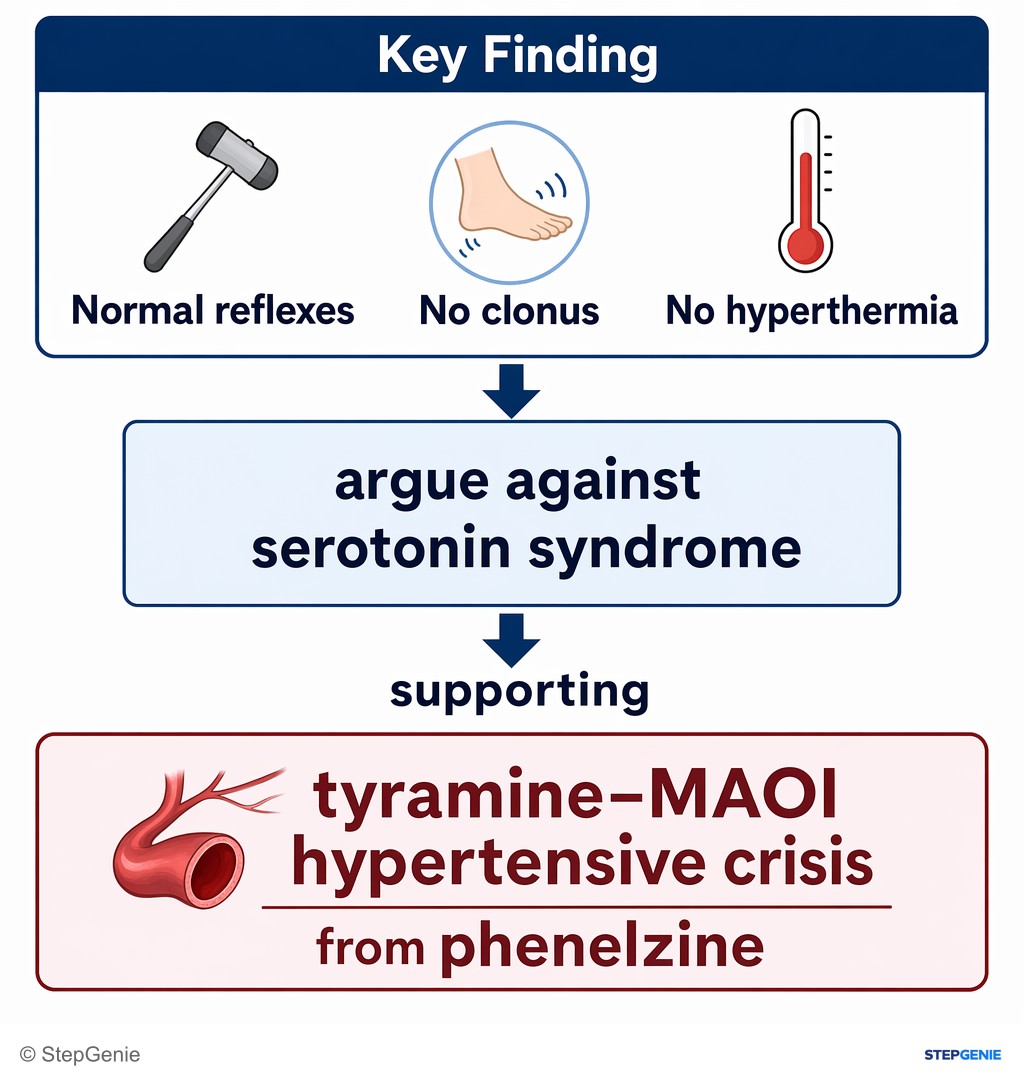 Reasoning step 6: Normal reflexes and no clonus or hyperthermia argue against serotonin syndrome, supporting tyramine–MAOI hypertensive crisis from phenelzine.