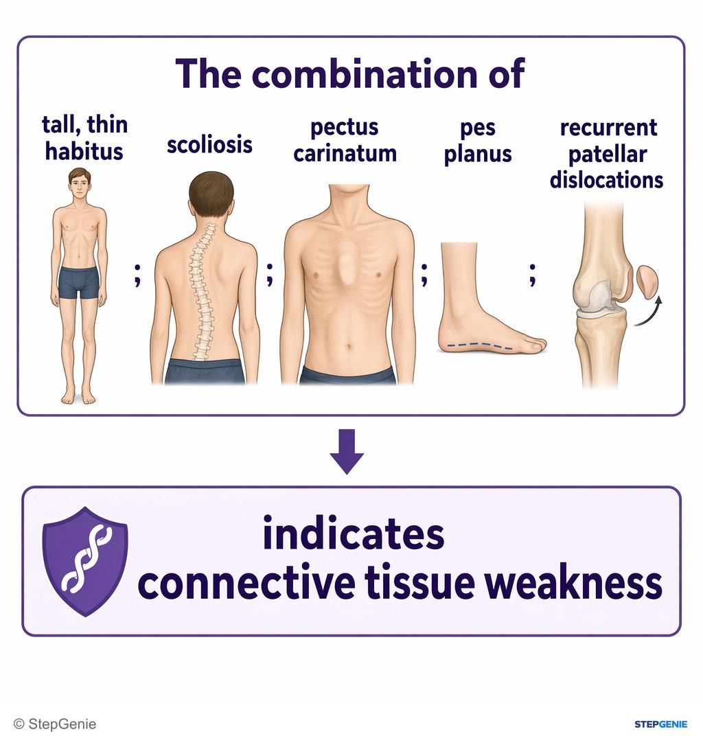 Reasoning step 1: The combination of tall, thin habitus; scoliosis; pectus carinatum; pes planus; and recurrent patellar dislocations indicates connective tissue…