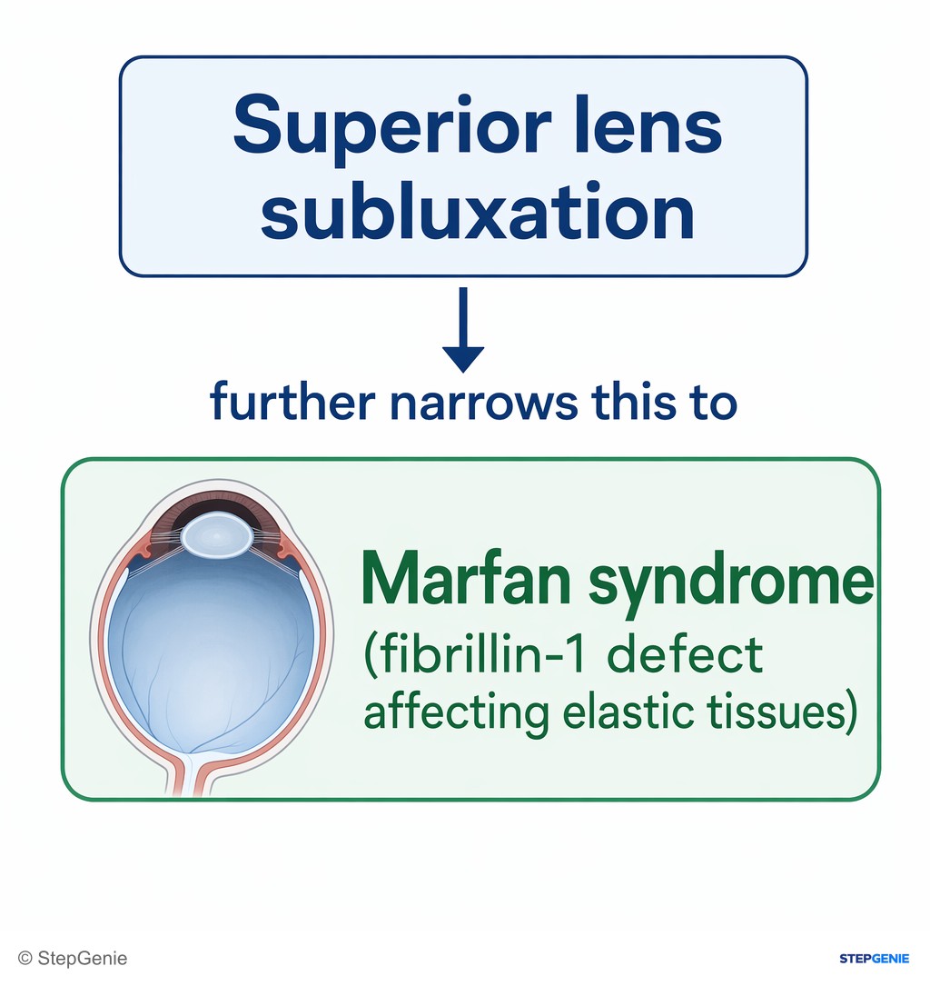 Reasoning step 2: Superior lens subluxation further narrows this to Marfan syndrome (fibrillin-1 defect affecting elastic tissues).