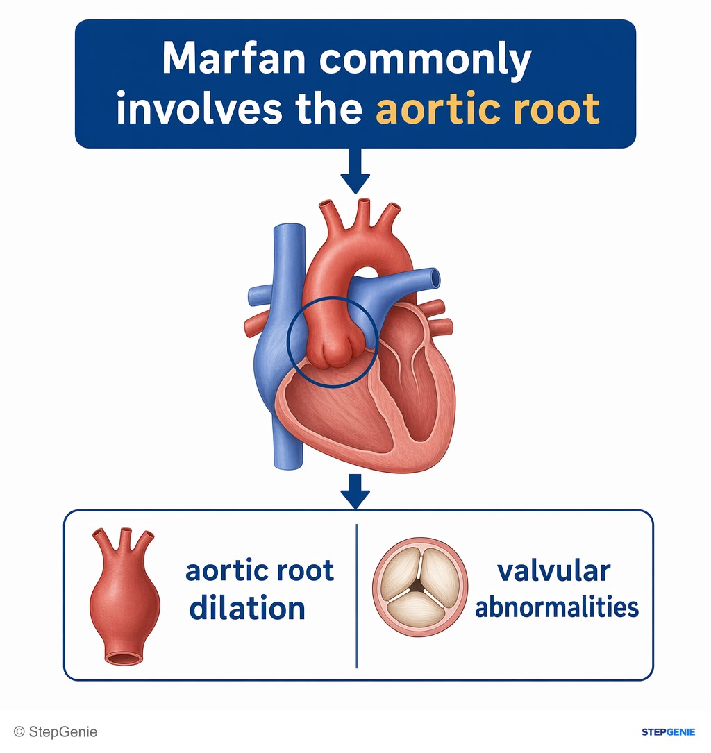 Reasoning step 3: Marfan commonly involves the aortic root, predisposing to aortic root dilation and valvular abnormalities.