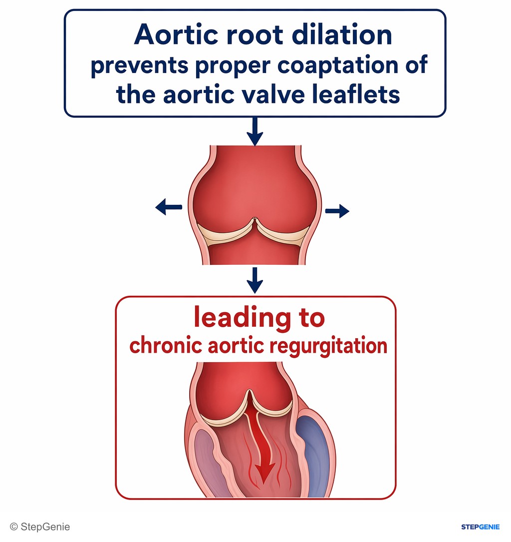 Reasoning step 4: Aortic root dilation prevents proper coaptation of the aortic valve leaflets, leading to chronic aortic regurgitation.