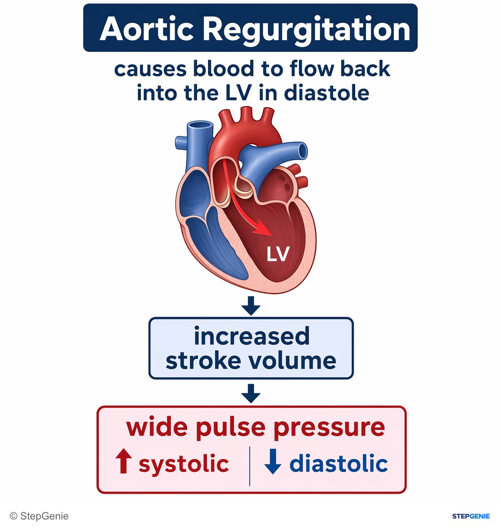 Reasoning step 5: Aortic regurgitation causes blood to flow back into the LV in diastole → increased stroke volume and wide pulse pressure (↑ systolic, ↓ diastolic).