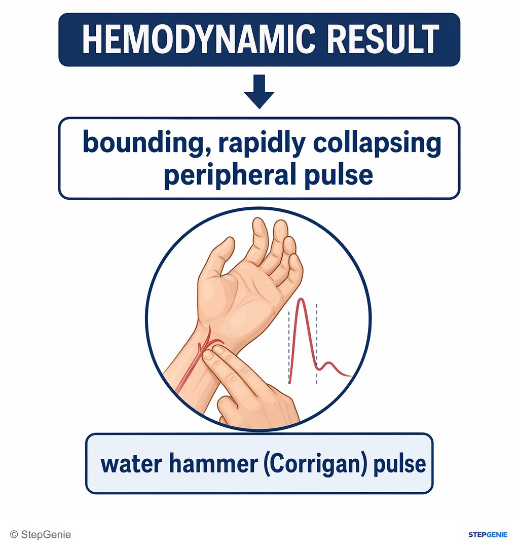 Reasoning step 6: The hemodynamic result is a bounding, rapidly collapsing peripheral pulse, known as a water hammer (Corrigan) pulse.