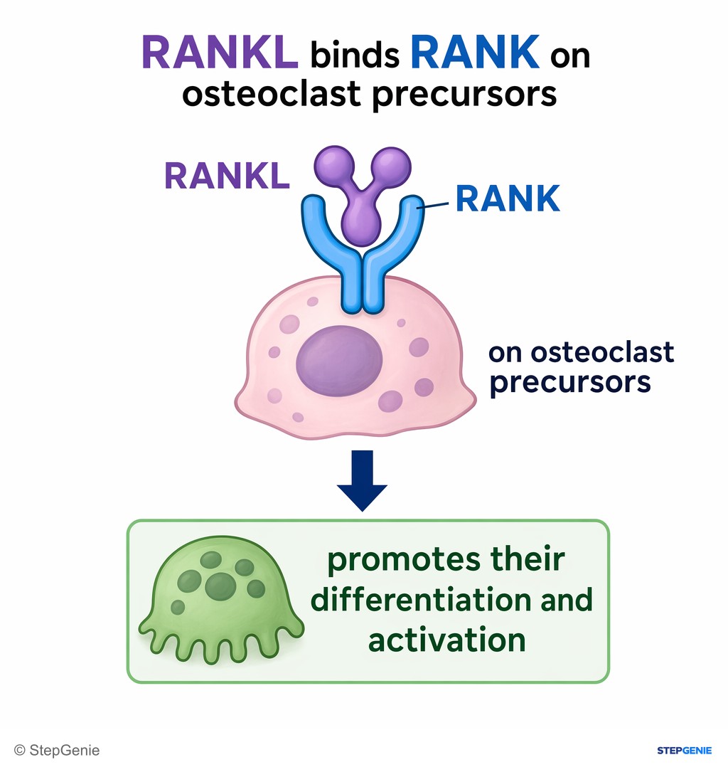 Reasoning step 4: RANKL binds RANK on osteoclast precursors → promotes their differentiation and activation.