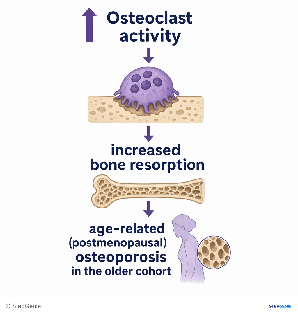 Reasoning step 5: ↑ Osteoclast activity → increased bone resorption → age-related (postmenopausal) osteoporosis in the older cohort.