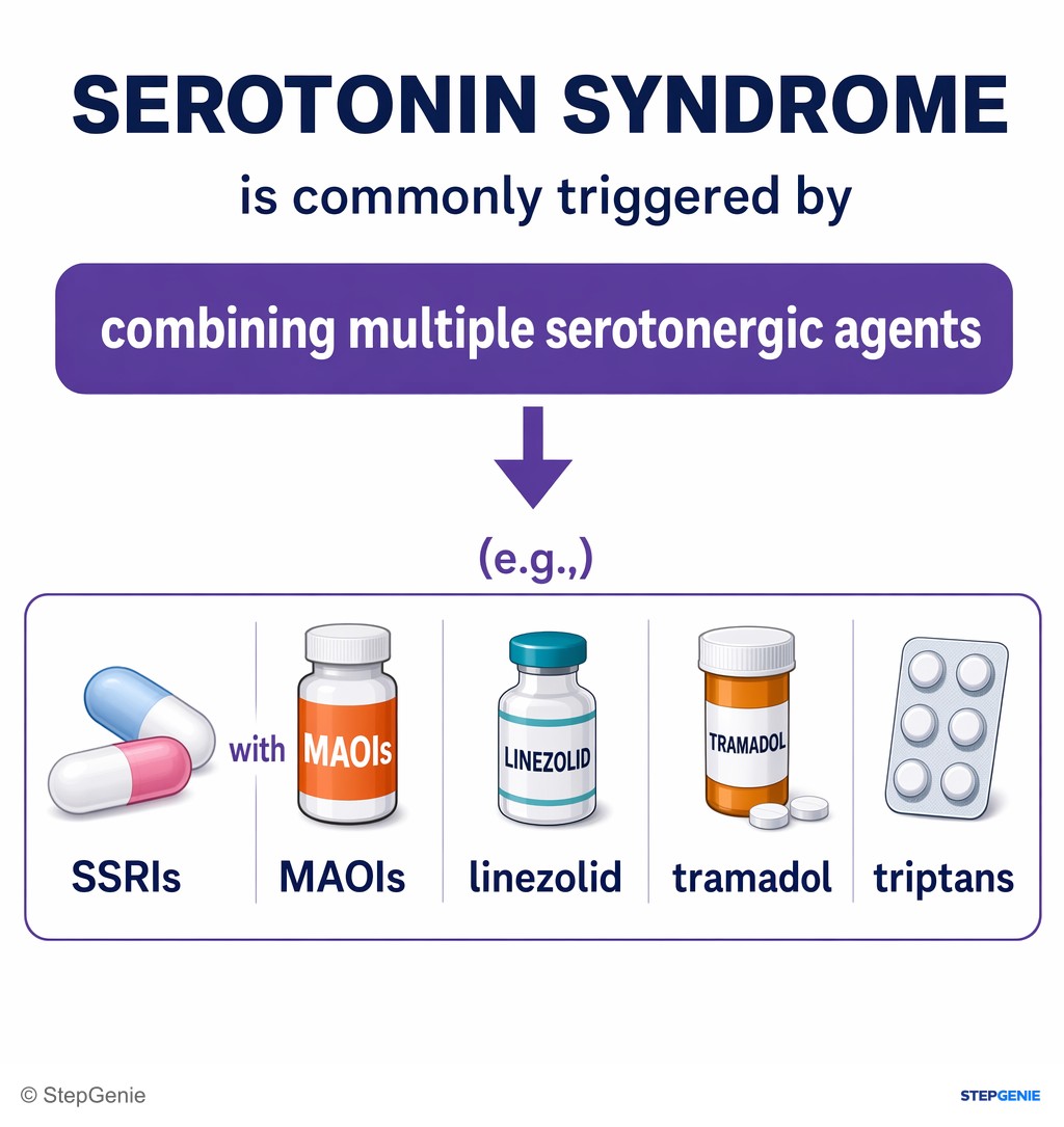 Reasoning step 4: Serotonin syndrome is commonly triggered by combining multiple serotonergic agents (e.g., SSRIs with MAOIs, linezolid, tramadol, or triptans).