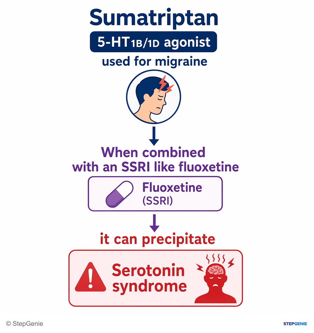 Reasoning step 5: Sumatriptan is a 5-HT1B/1D agonist used for migraine; when combined with an SSRI like fluoxetine, it can precipitate serotonin syndrome.
