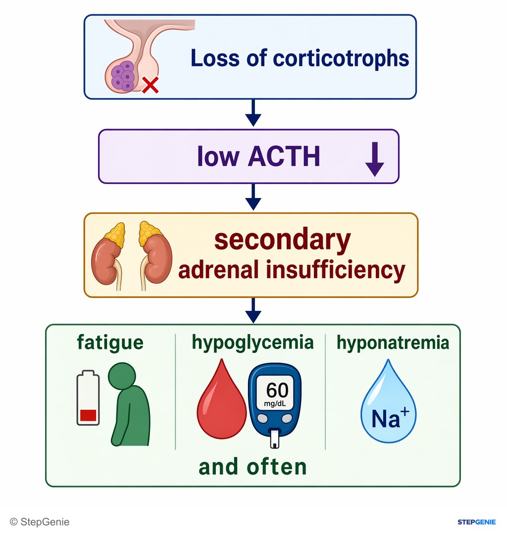 Reasoning step 4: Loss of corticotrophs → low ACTH → secondary adrenal insufficiency → fatigue, hypoglycemia, and often hyponatremia.