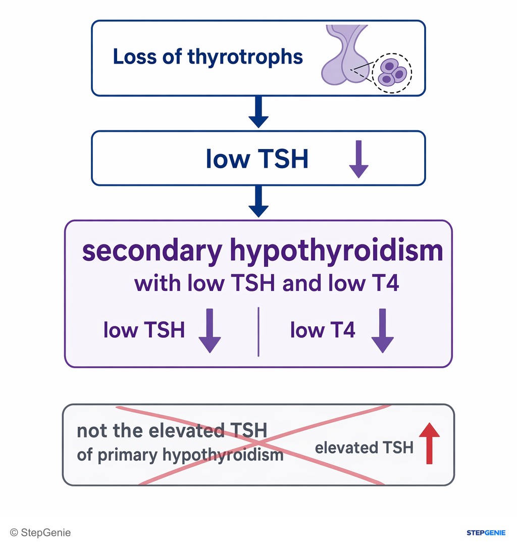 Reasoning step 5: Loss of thyrotrophs → low TSH → secondary hypothyroidism with low TSH and low T4, not the elevated TSH of primary hypothyroidism.