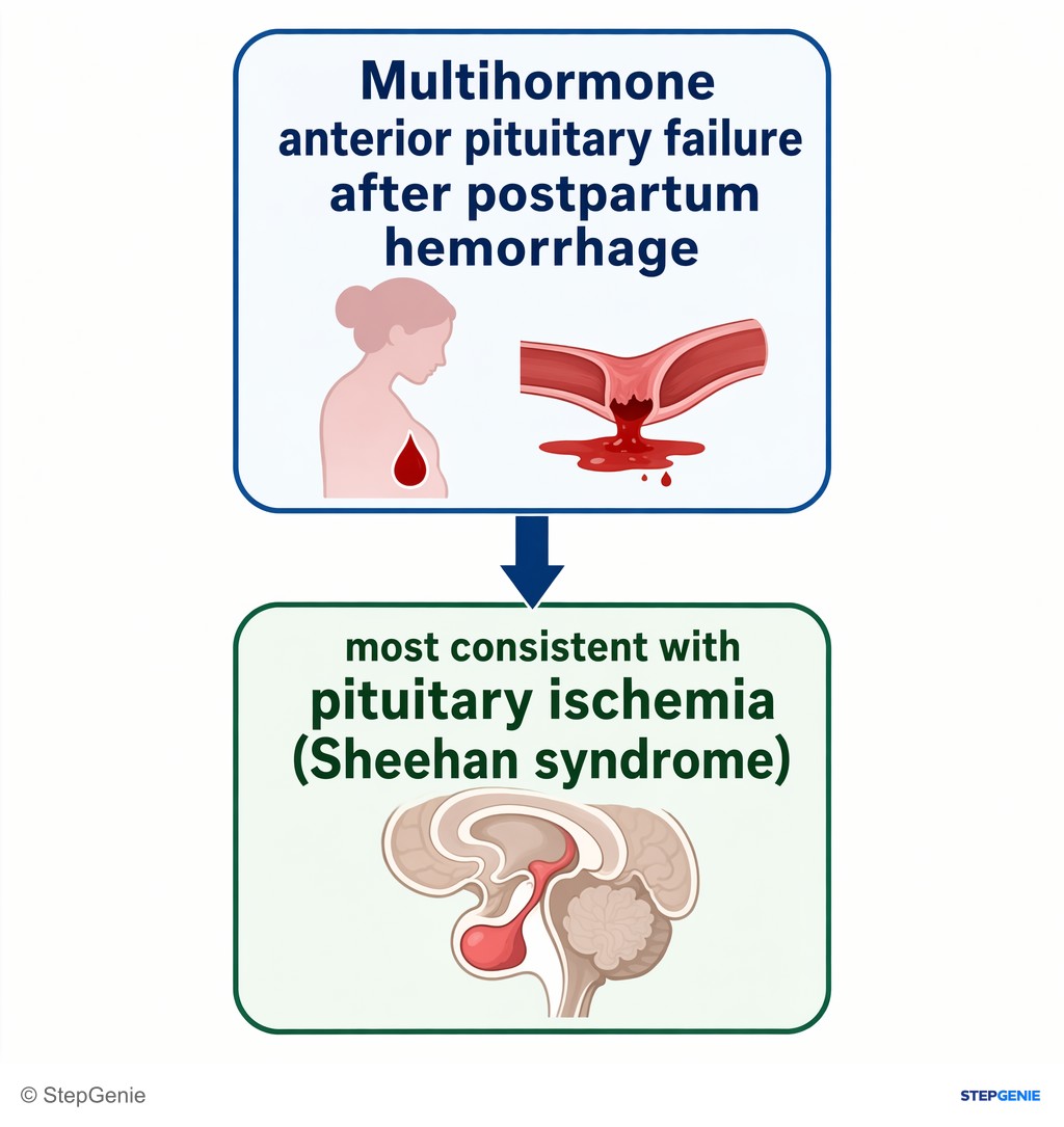 Reasoning step 6: Multihormone anterior pituitary failure after postpartum hemorrhage → most consistent with pituitary ischemia (Sheehan syndrome).