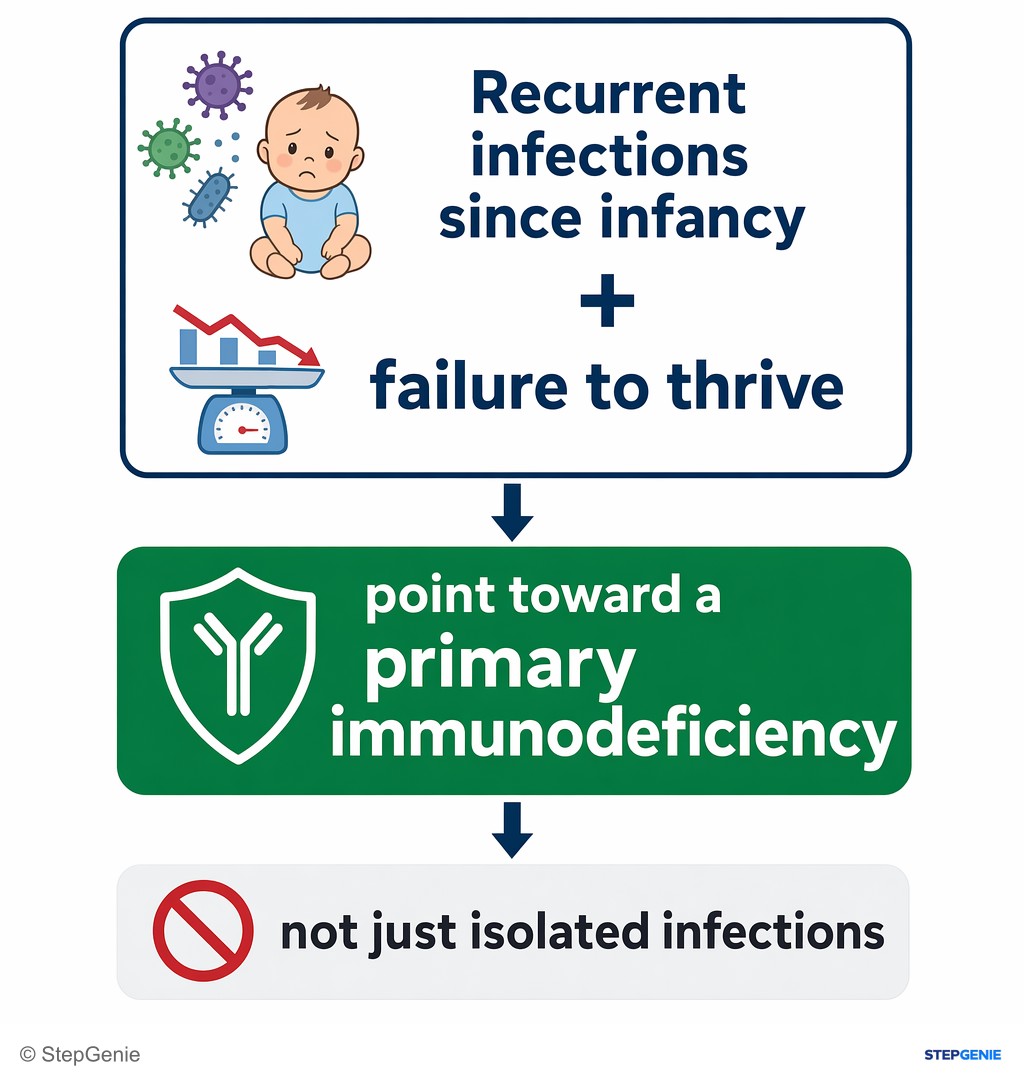 Reasoning step 1: Recurrent infections since infancy plus failure to thrive point toward a primary immunodeficiency, not just isolated infections.