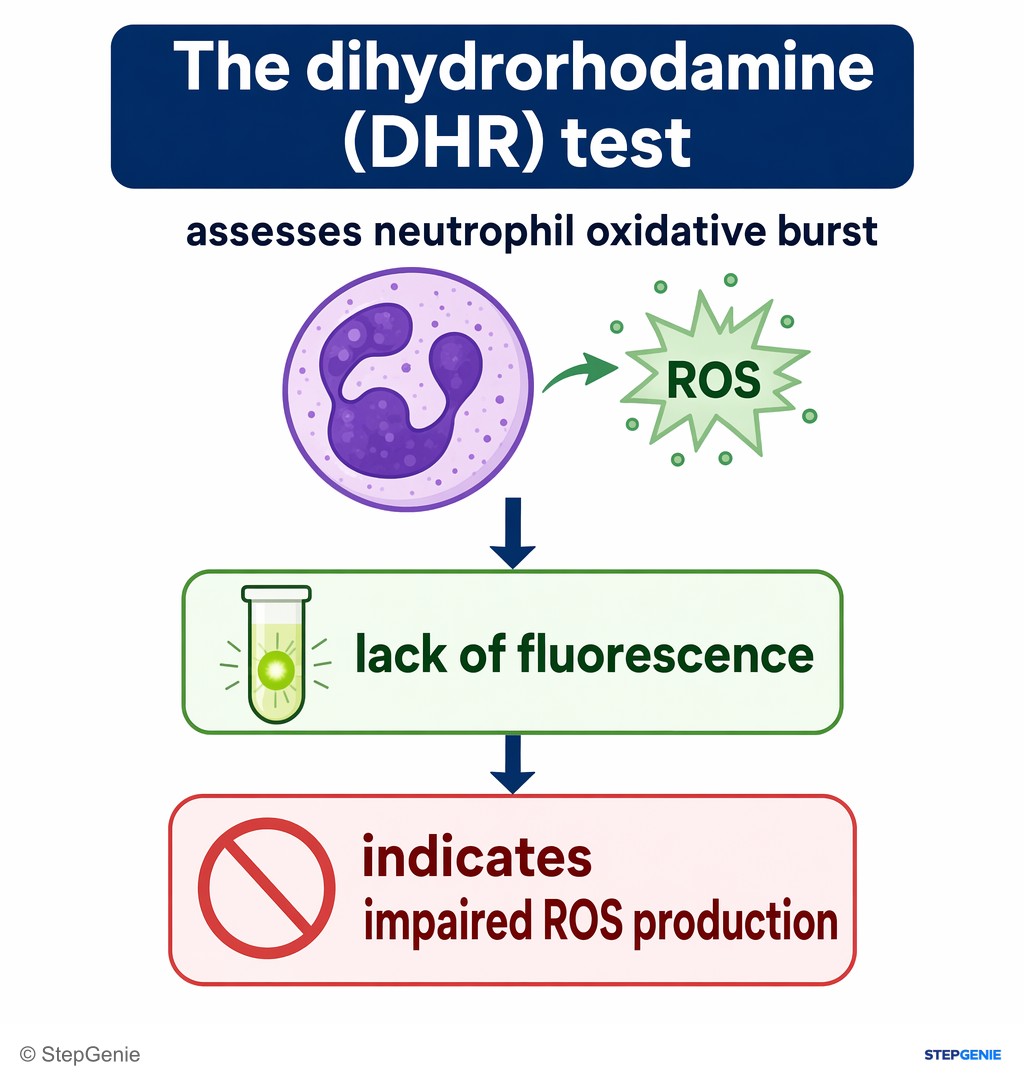 Reasoning step 2: The dihydrorhodamine (DHR) test assesses neutrophil oxidative burst; lack of fluorescence indicates impaired ROS production.